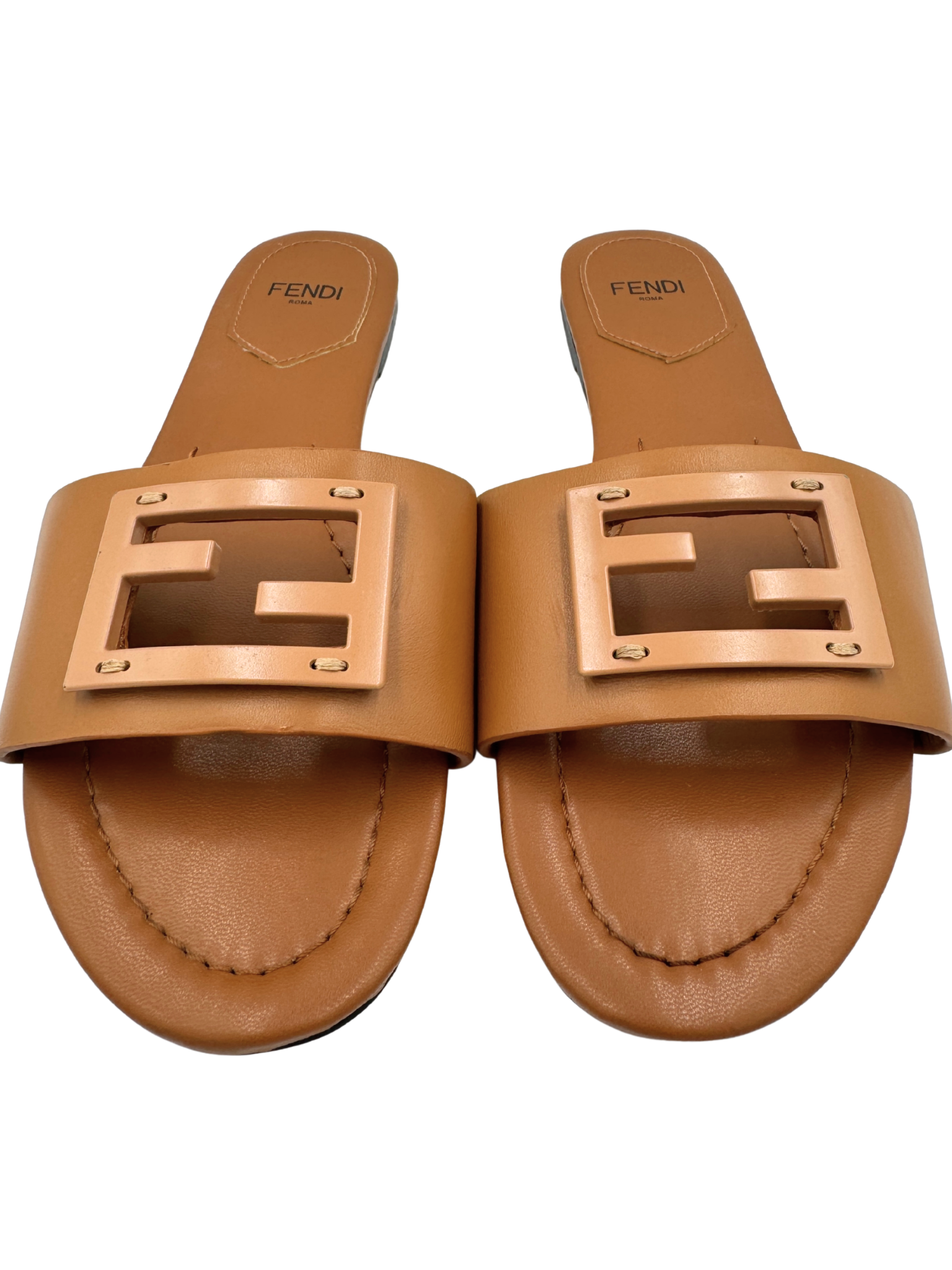 Size 39 FF Baguette Flat Slide Sandals in Brown Leather