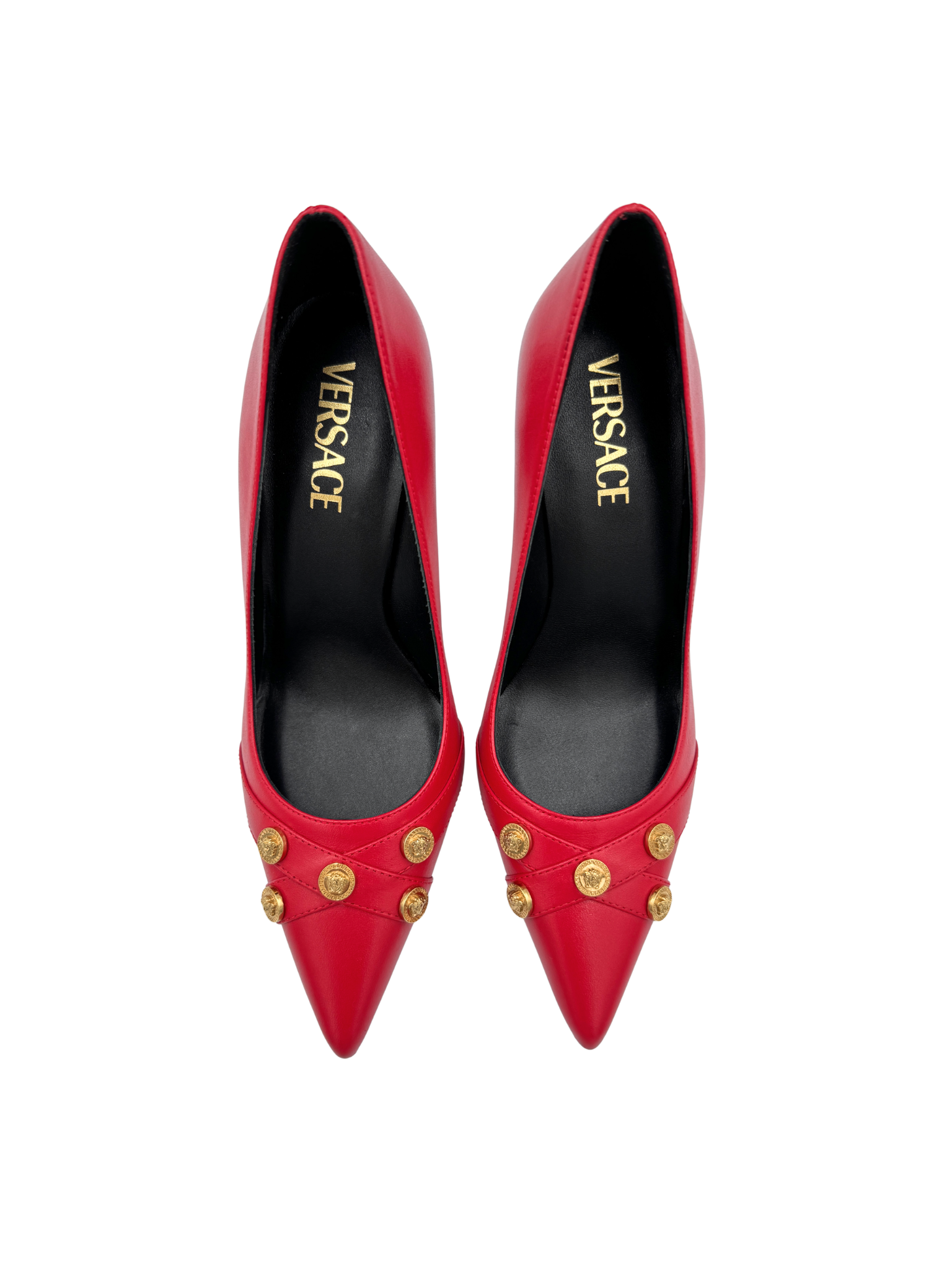 Size 37 La Medusa Medallion Pointed Toe Pumps in Red Leather