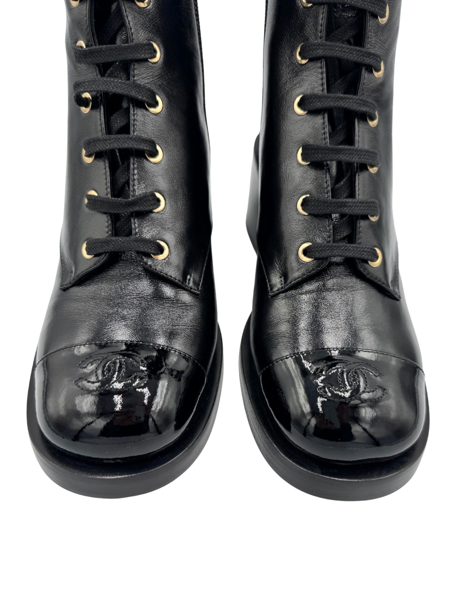 Size 40 2025 CC Combat Boots in Black Lambskin Leather with Patent Leather Accents