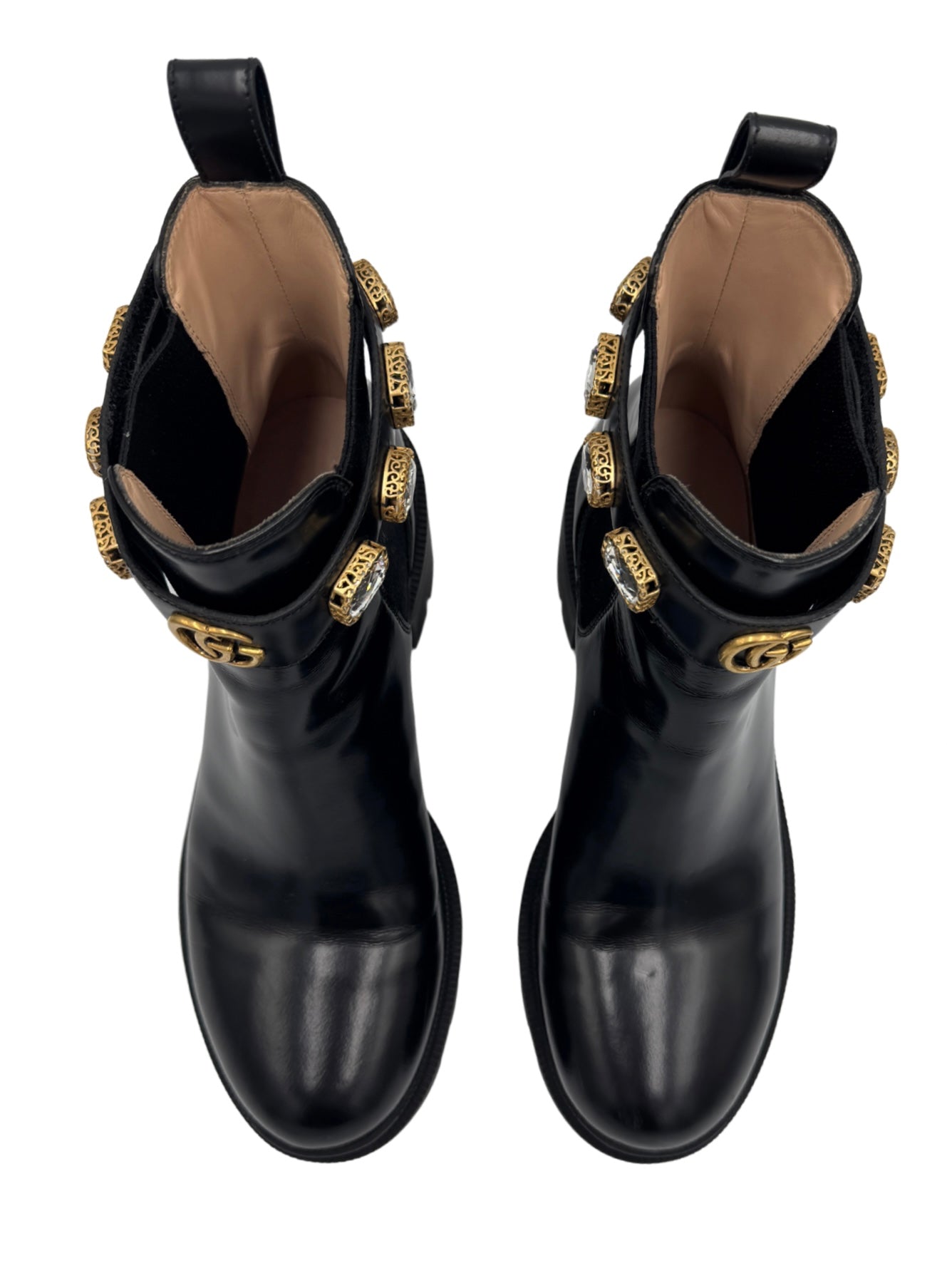 Size 39.5 Trip Crystal-Embellished GG Chelsea Boots in Black Leather