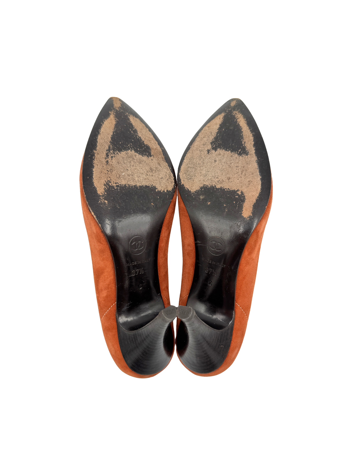 Size 37.5 Vintage Karl Lagerfeld Era CC Pointed Toe Pumps with Fringe in Burnt Orange Suede