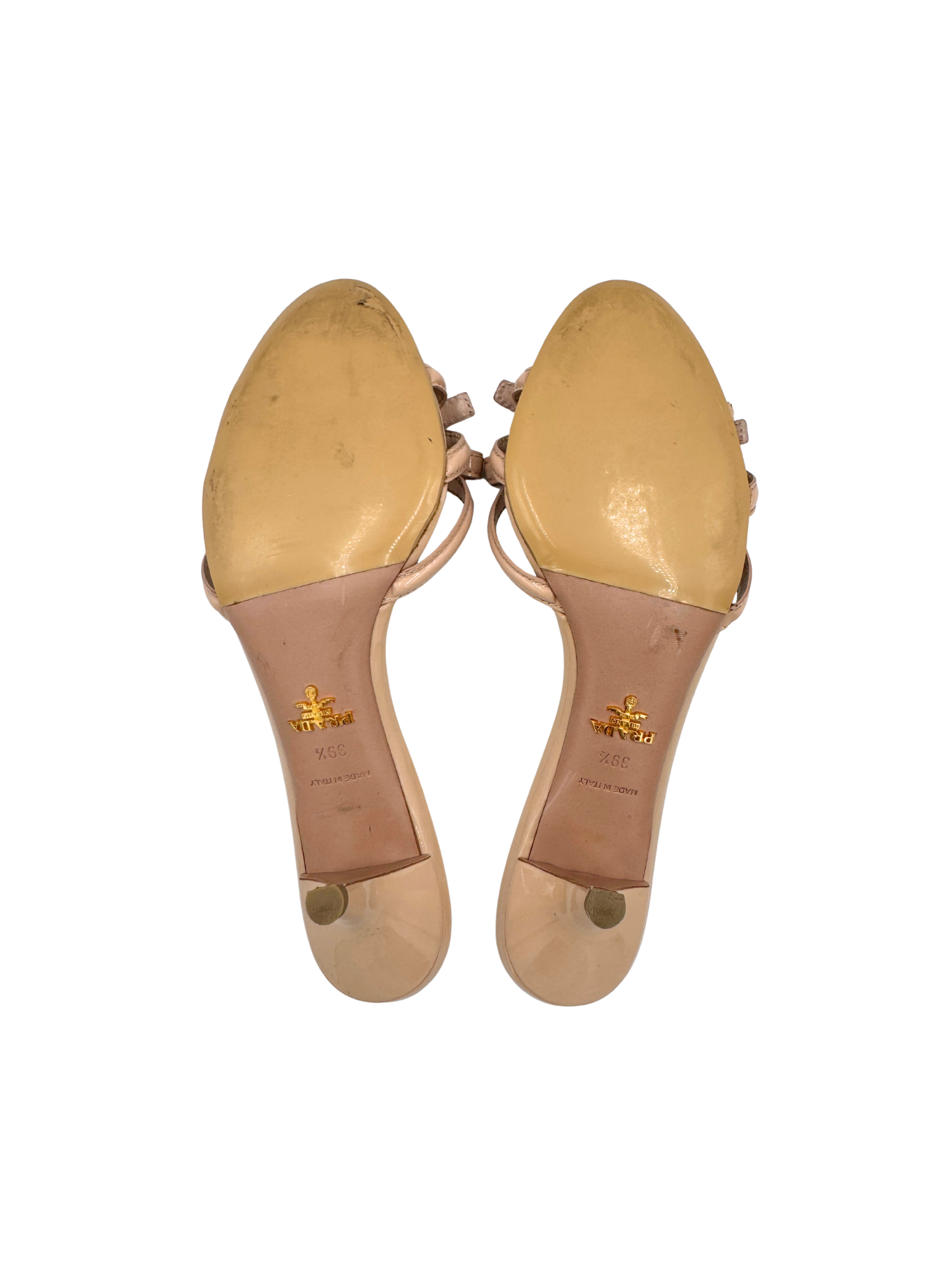 Size 39.5 Strappy Bow Kitten Heel Sandals in Nude Patent Leather