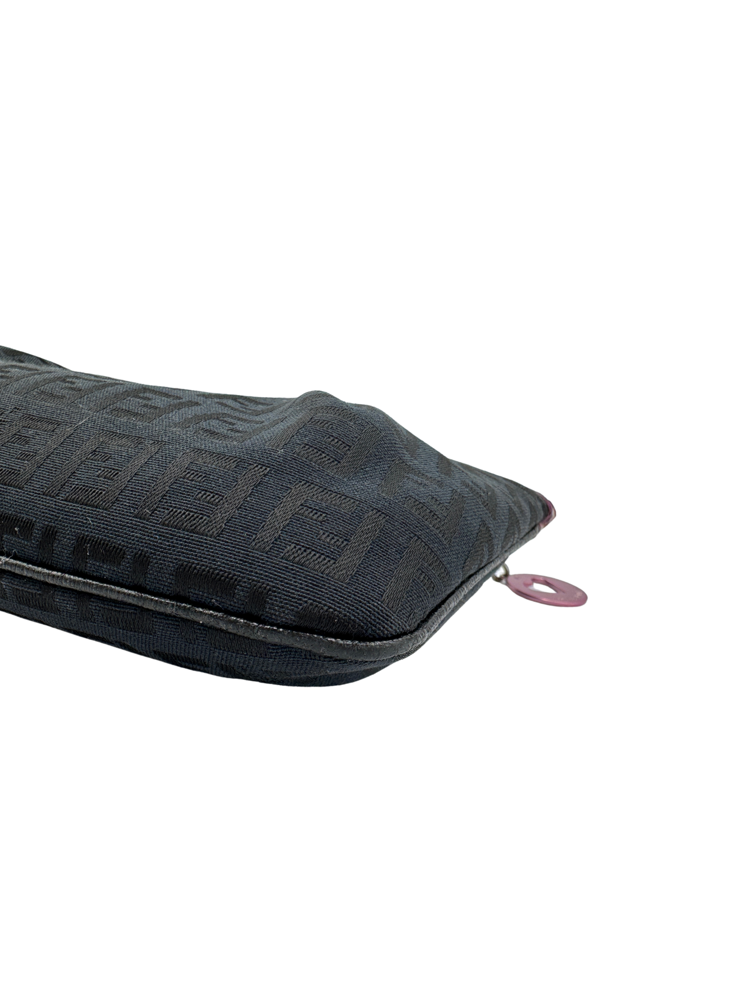 Vintage Zucchino FF Pochette Shoulder Bag with Fendi Strap Charms in Black Monogram Logo Jacquard Fabric with Pink Trim