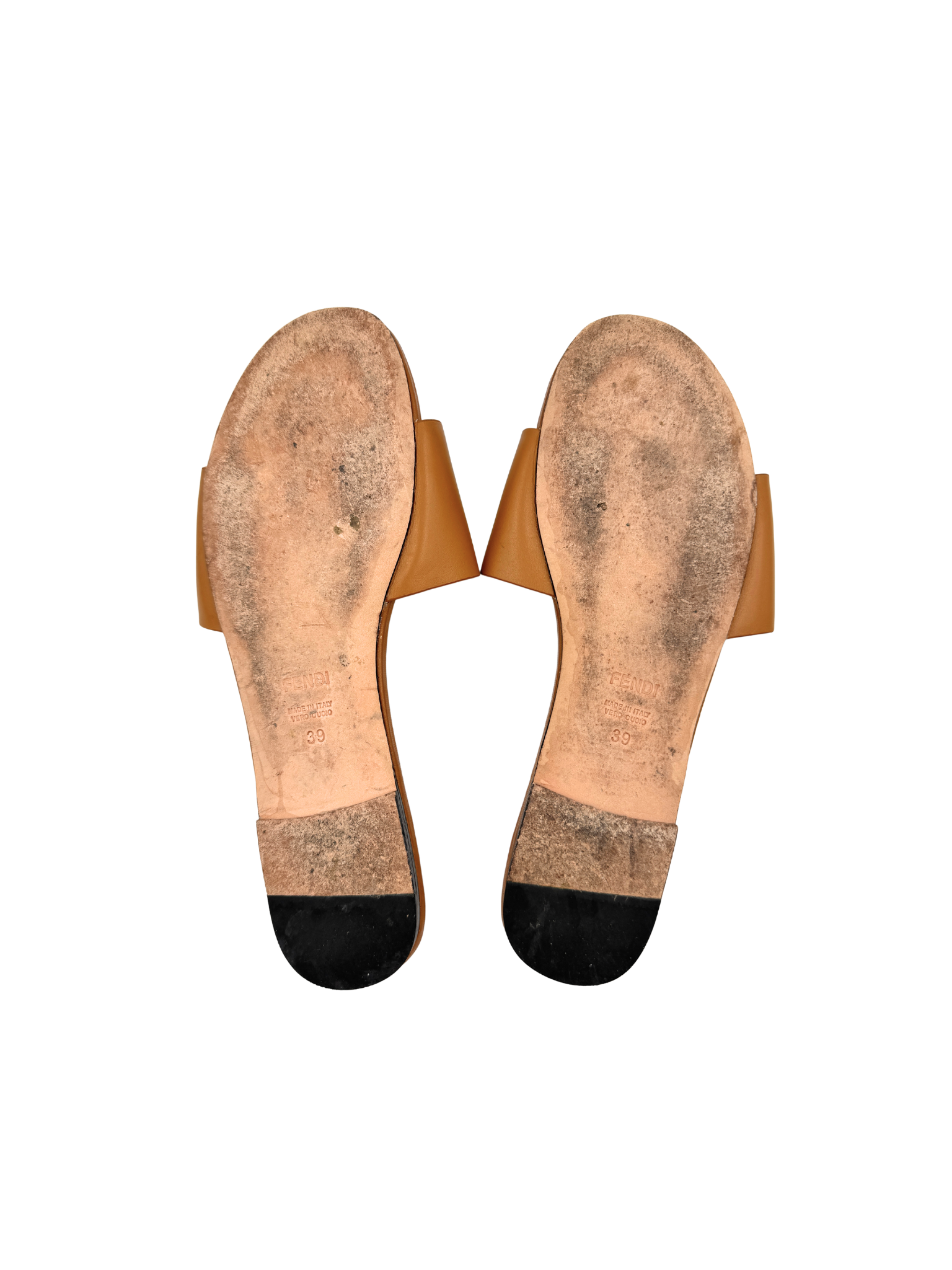 Size 39 FF Baguette Flat Slide Sandals in Brown Leather