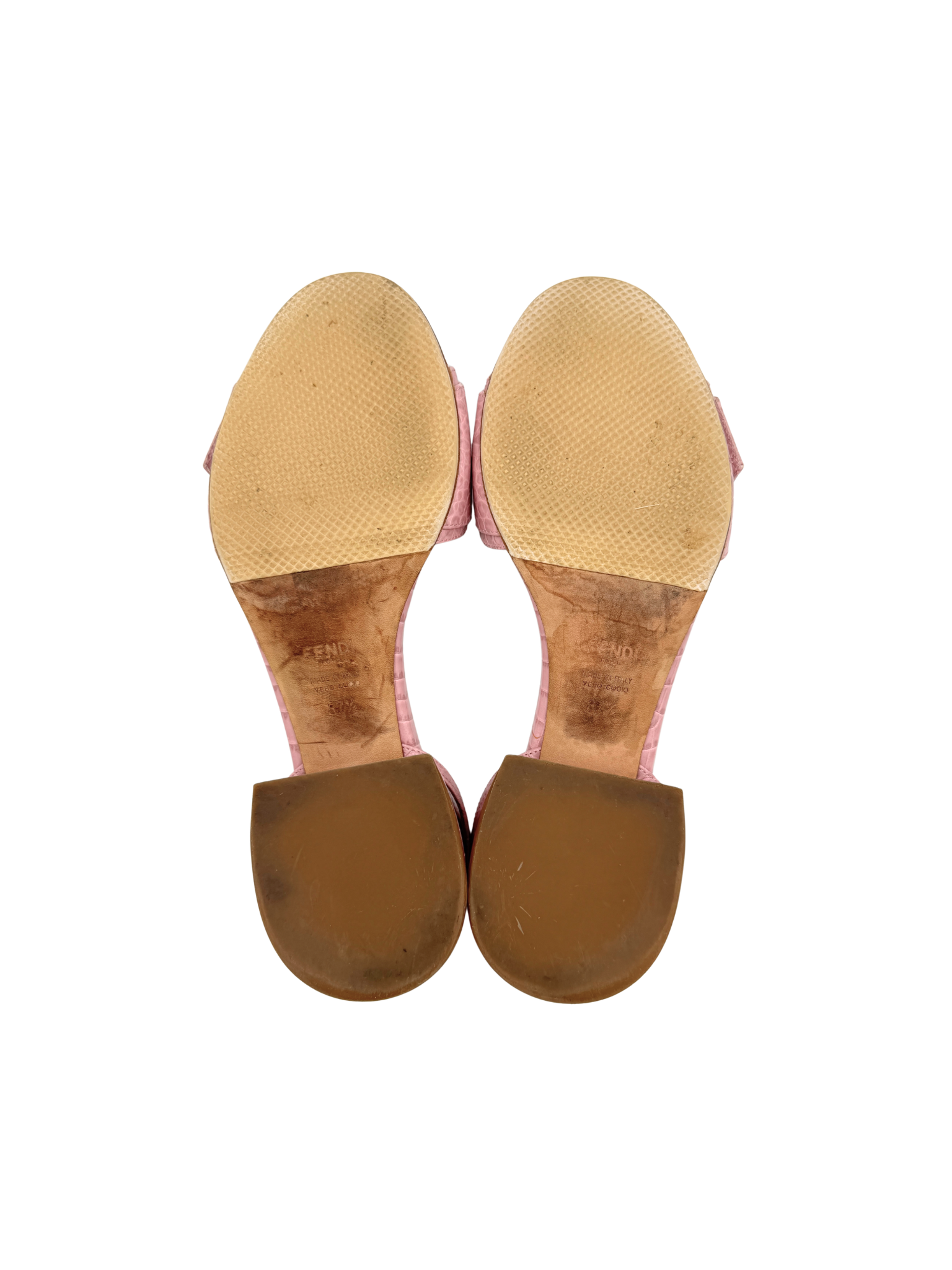Size 37.5 FF Logo Mule Sandals with Ankle Strap in Pink Crocodile-Embossed Leather