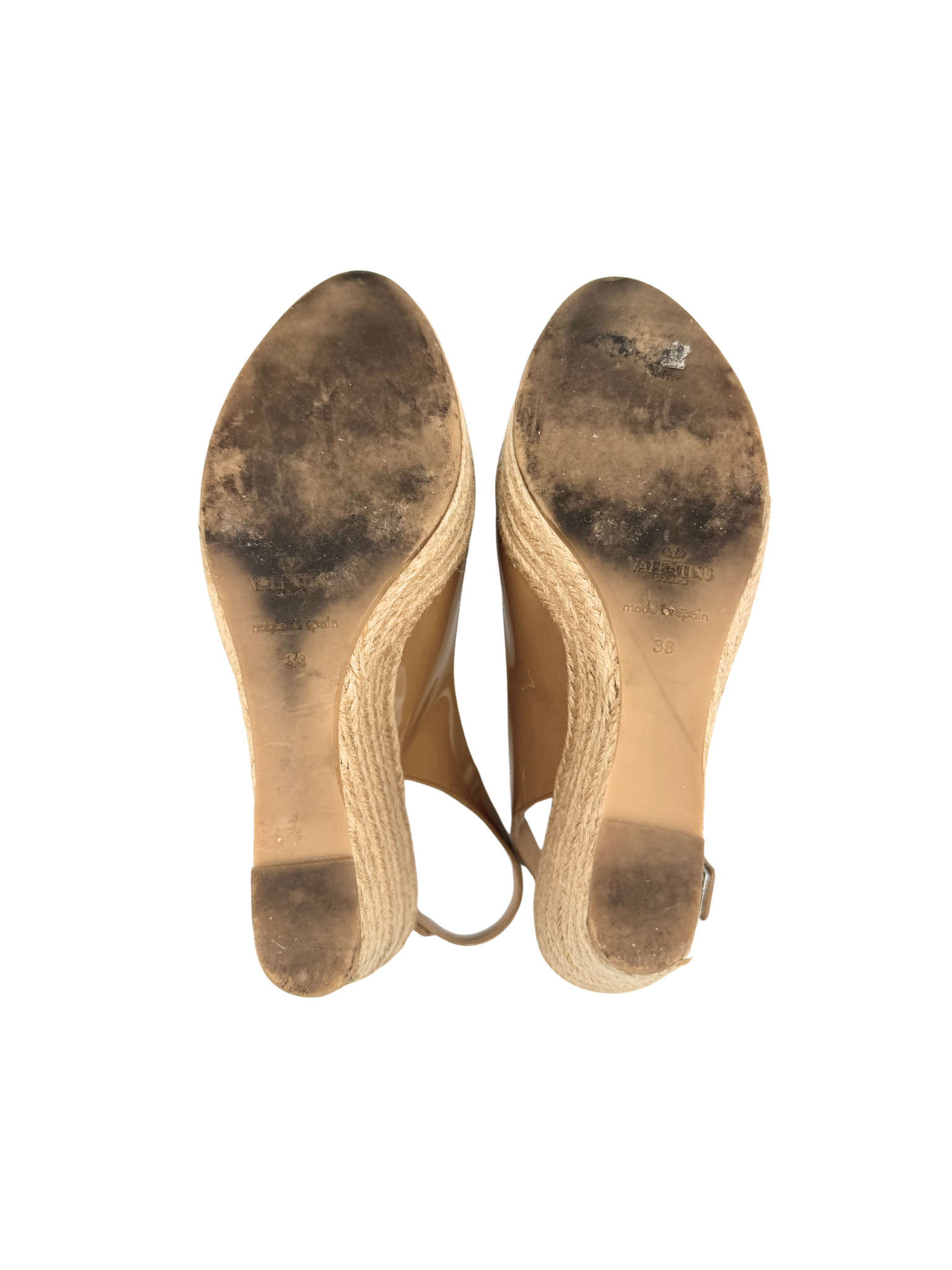 Size 39 Peep Toe Platform Wedge Espadrille Sandals in Nude Patent Leather