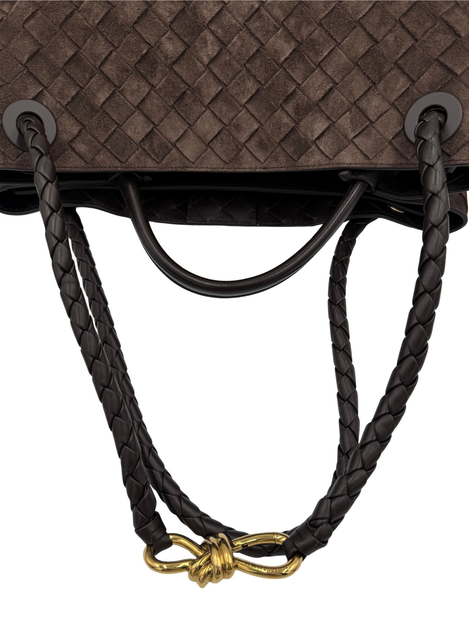 Medium Andiamo Shoulder Bag with Top Handle in Fondant Brown Intrecciato Suede