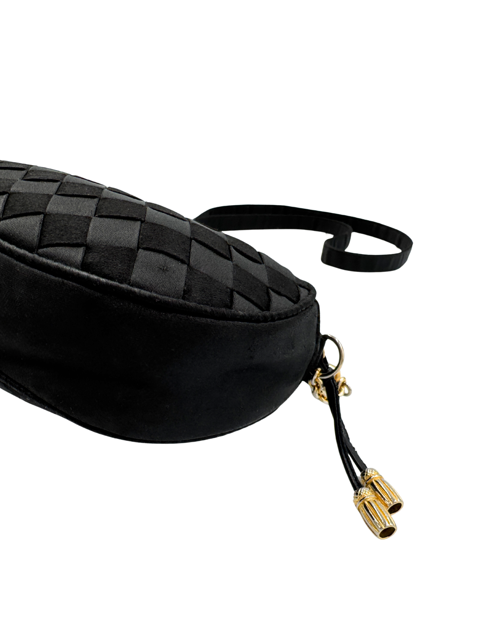 Vintage Camera Shoulder Bag in Black Intrecciato Woven Satin