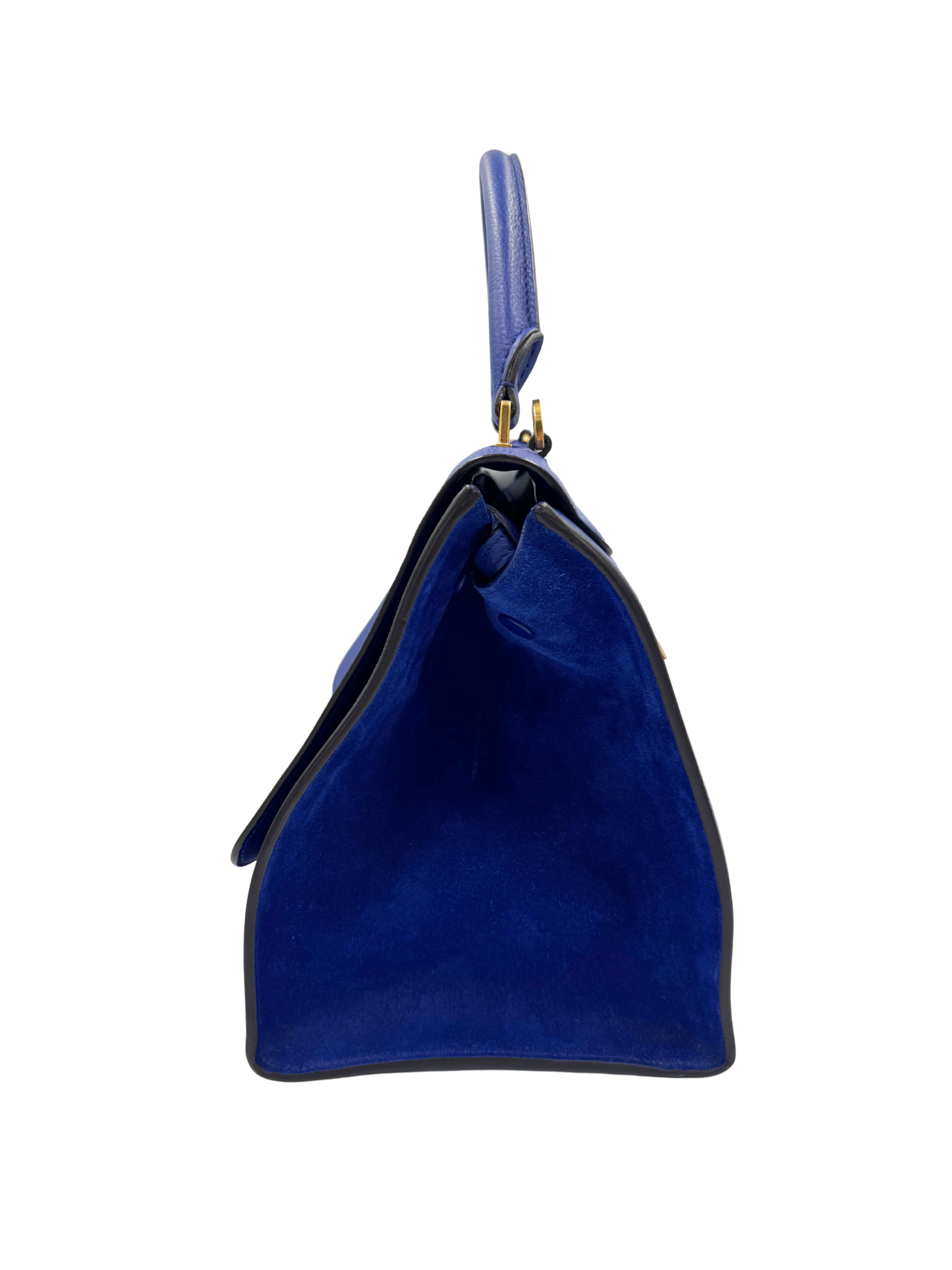 Medium Trapeze Shoulder Bag with Top Handle in Blue Calfskin Leather & Suede