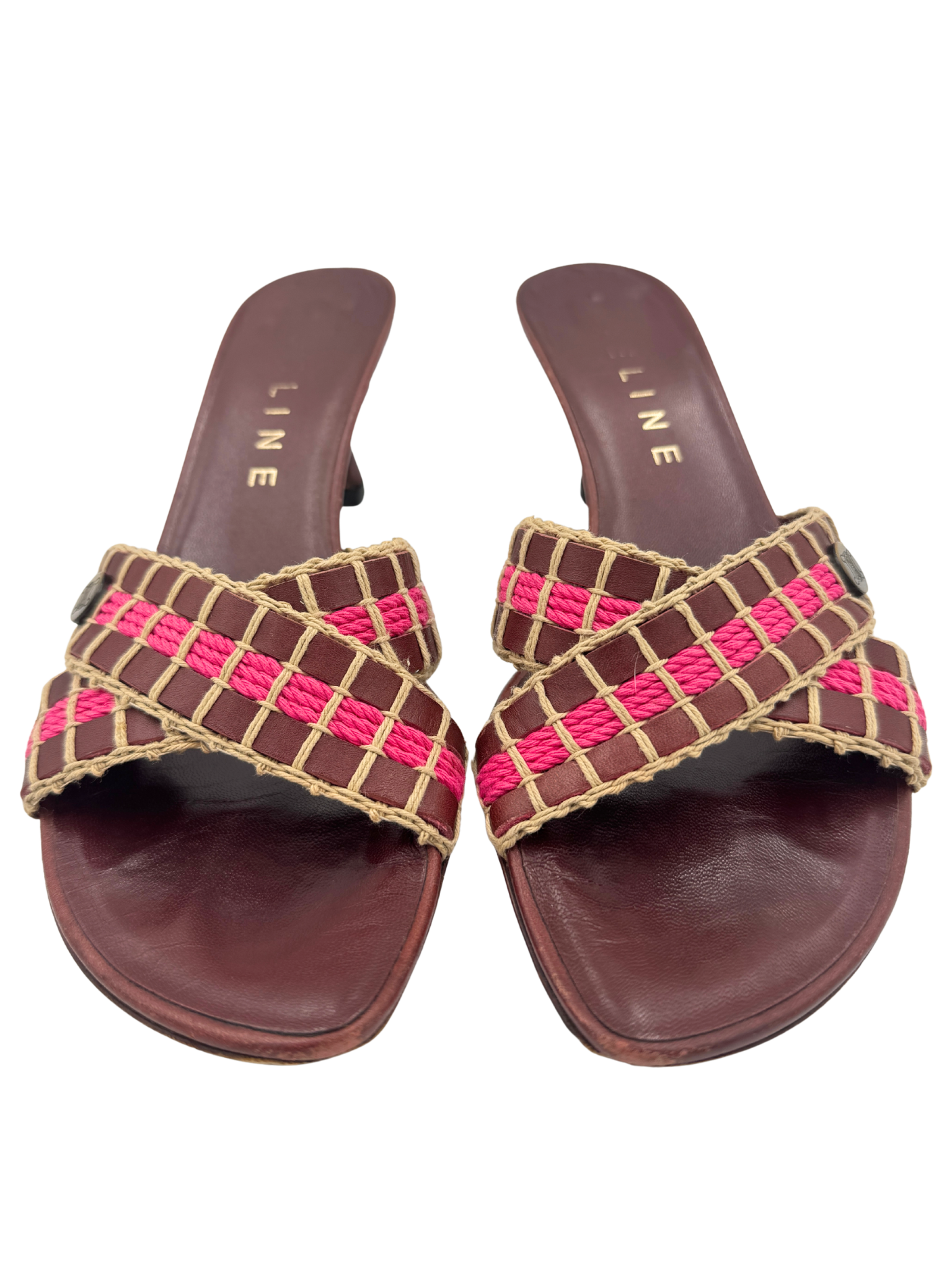 Size 37 Vintage Triomphe CC Logo Crochet Strappy Mule Sandals in Burgundy Red Leather with Pink Accents