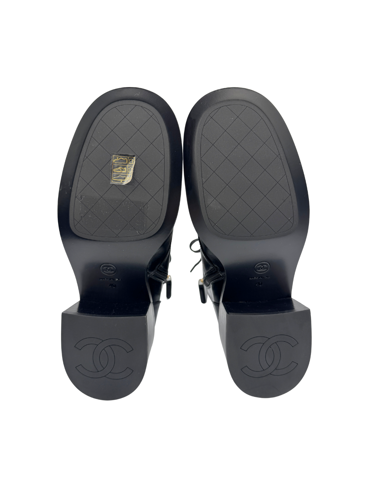 Size 40 2025 CC Combat Boots in Black Lambskin Leather with Patent Leather Accents