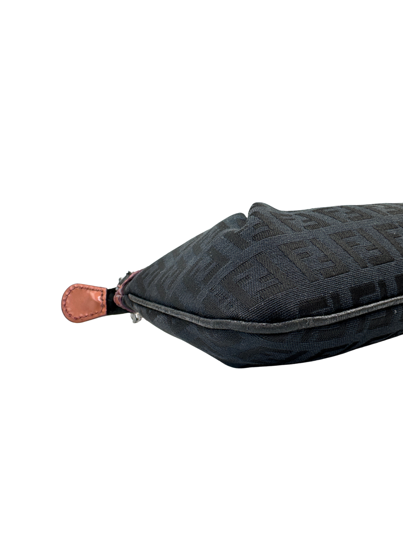 Vintage Zucchino FF Pochette Shoulder Bag with Fendi Strap Charms in Black Monogram Logo Jacquard Fabric with Pink Trim