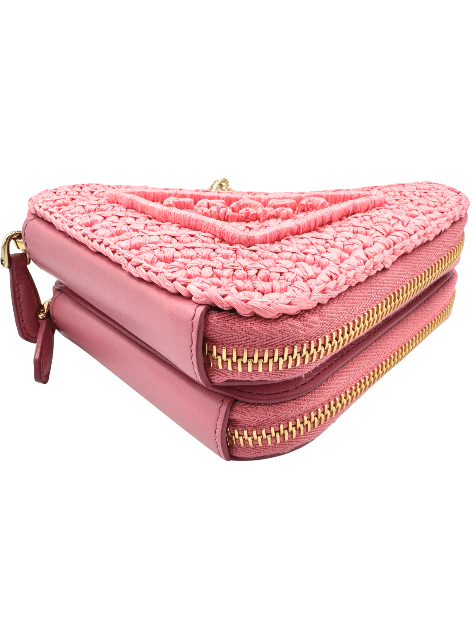 Triangle Logo Shoulder Bag in Pink Crochet Raffia & Leather