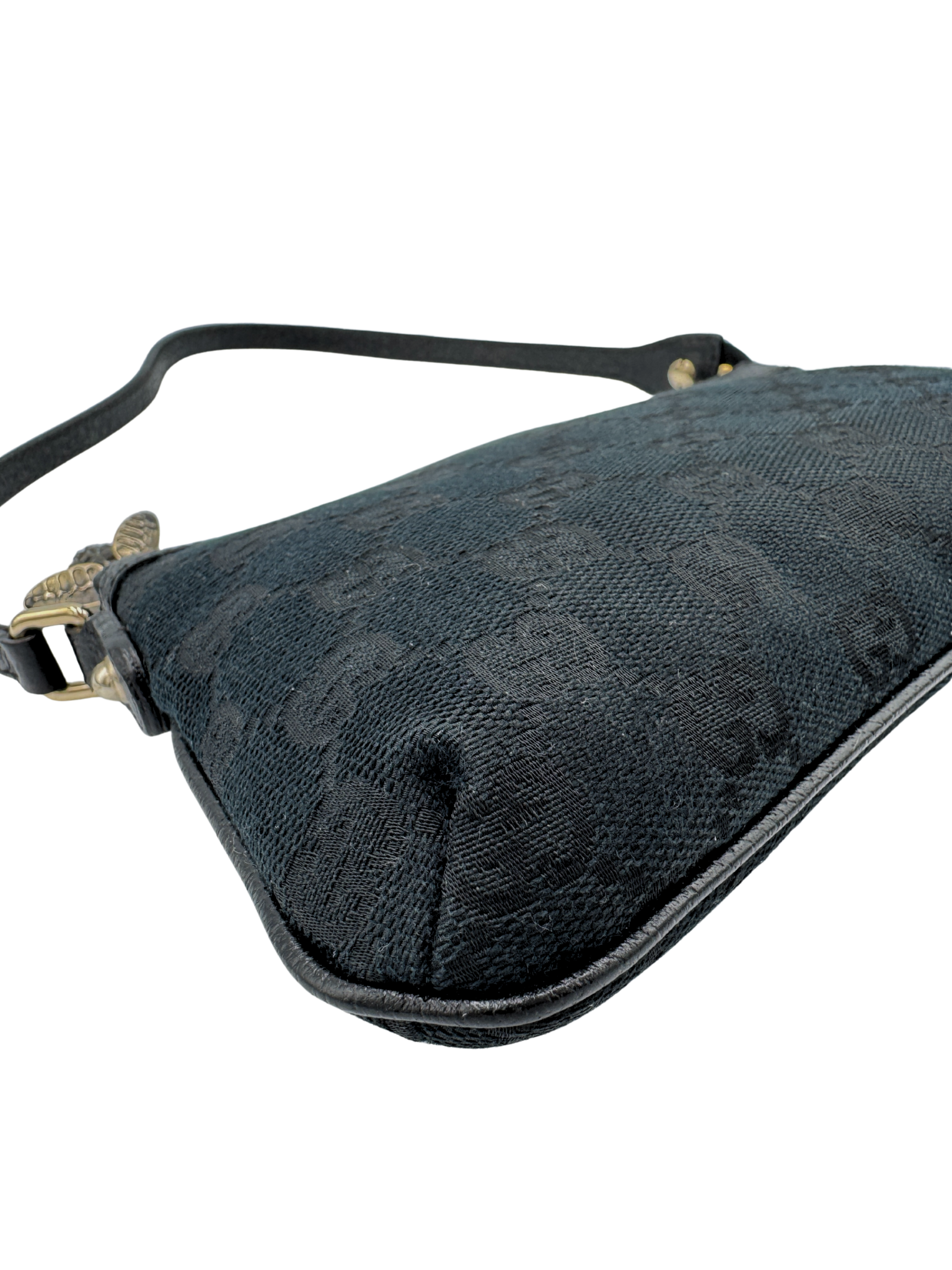Gucci Pochette Shoulder Bag with Crystal Bee Charm in Black Monogram GG Logo Canvas