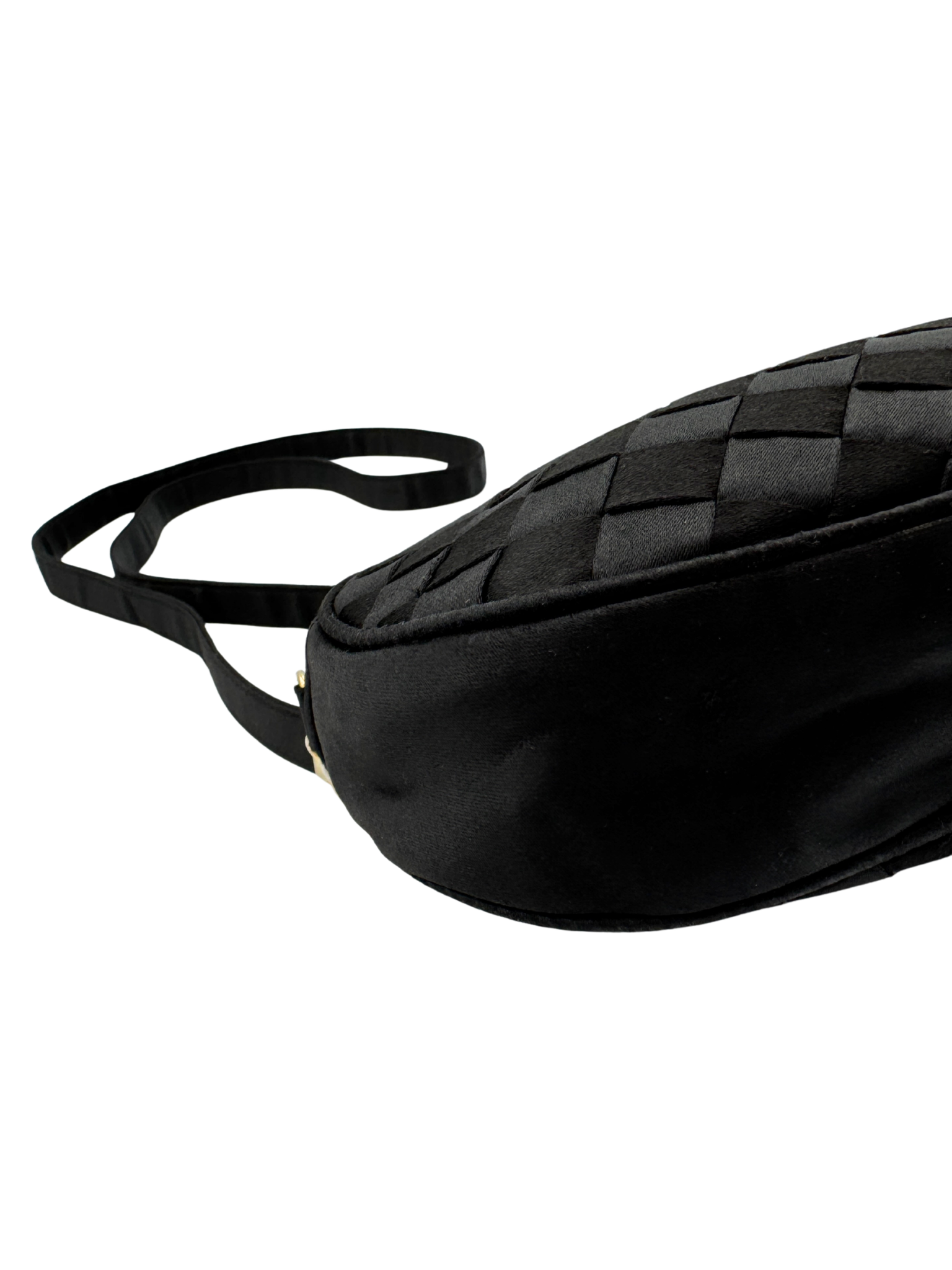 Vintage Camera Shoulder Bag in Black Intrecciato Woven Satin