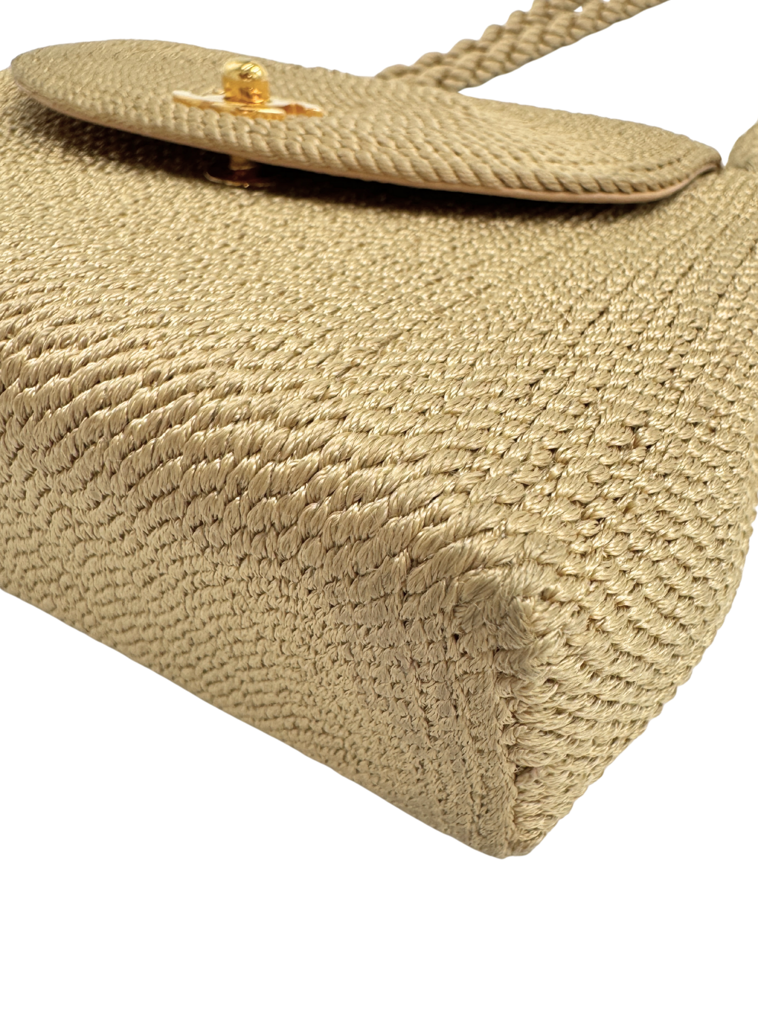 Vintage Woven Single Flap Shoulder Bag with Rope Detail in Gold Satin