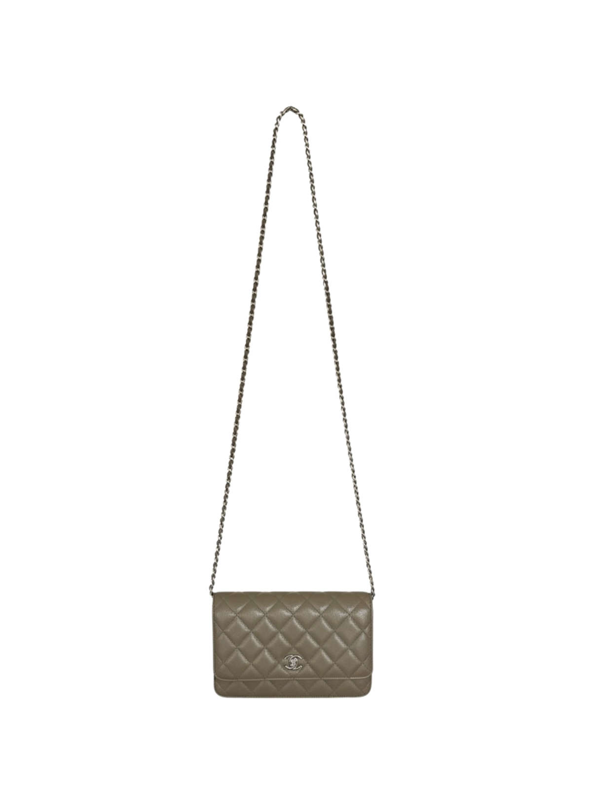 Classic Quilted Wallet on Chain Crossbody Shoulder Bag with CC Turnlock in Taupe Caviar Leather