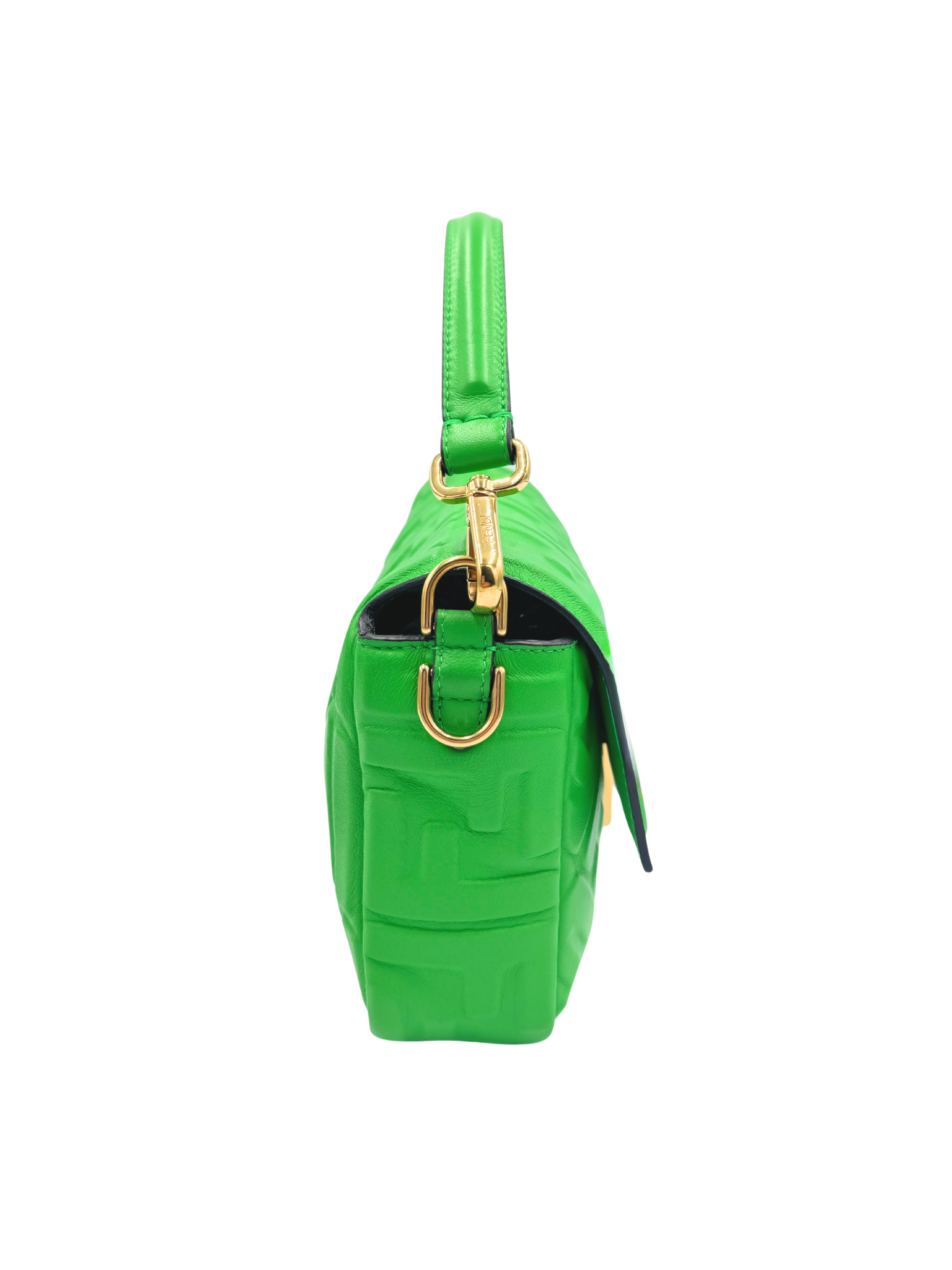FF Baguette Shoulder Bag with Top Handle in Green Leather