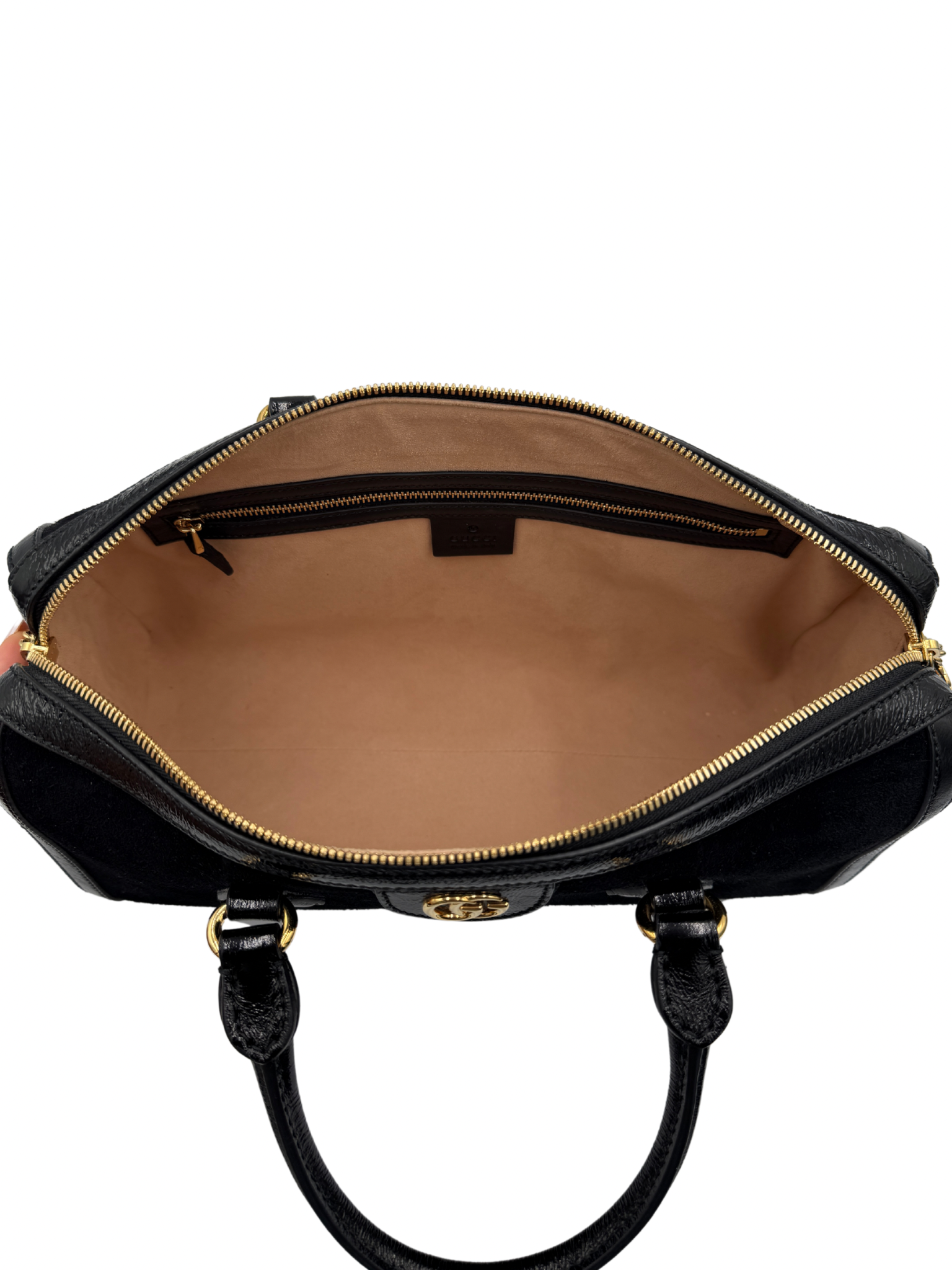 Ophidia Boston Bag in Black Suede & Patent Leather