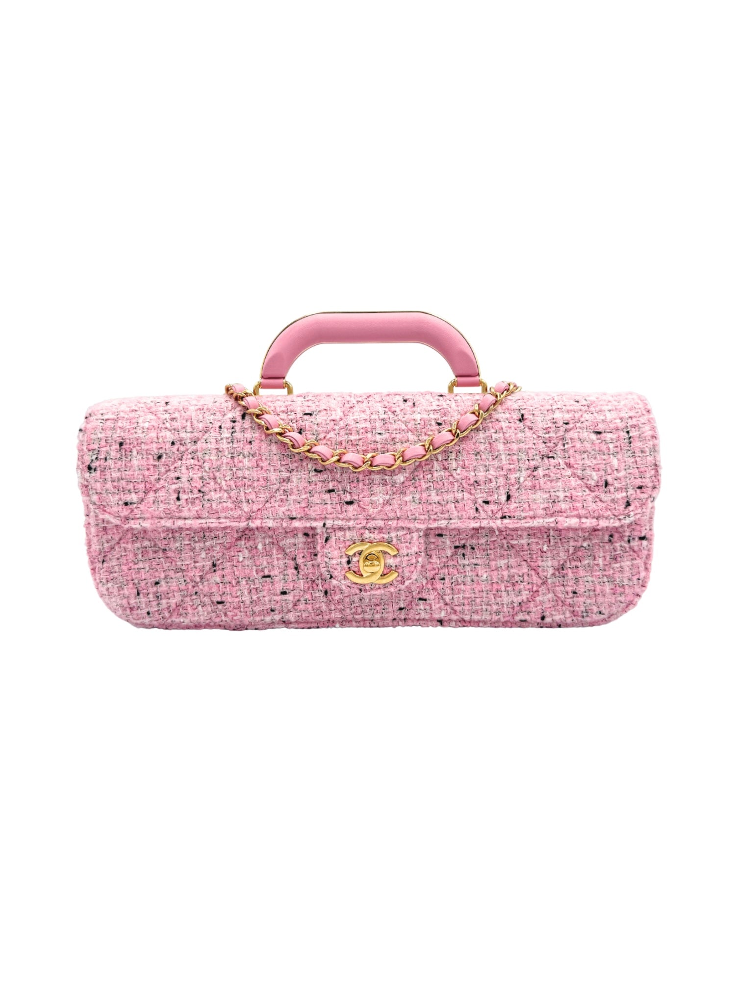 East-West Classic Flap Clutch Shoulder Bag in Pink Tweed (Cruise 2025/2026 Collection)