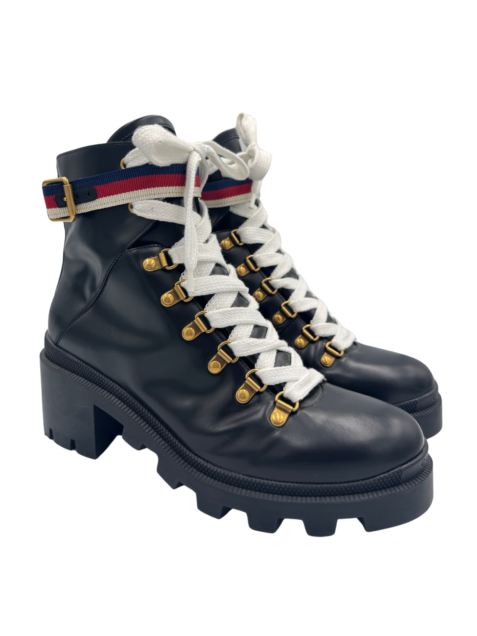 Size 40 Sylvie Web Lace-Up Combat Boots in Black Smooth Leather