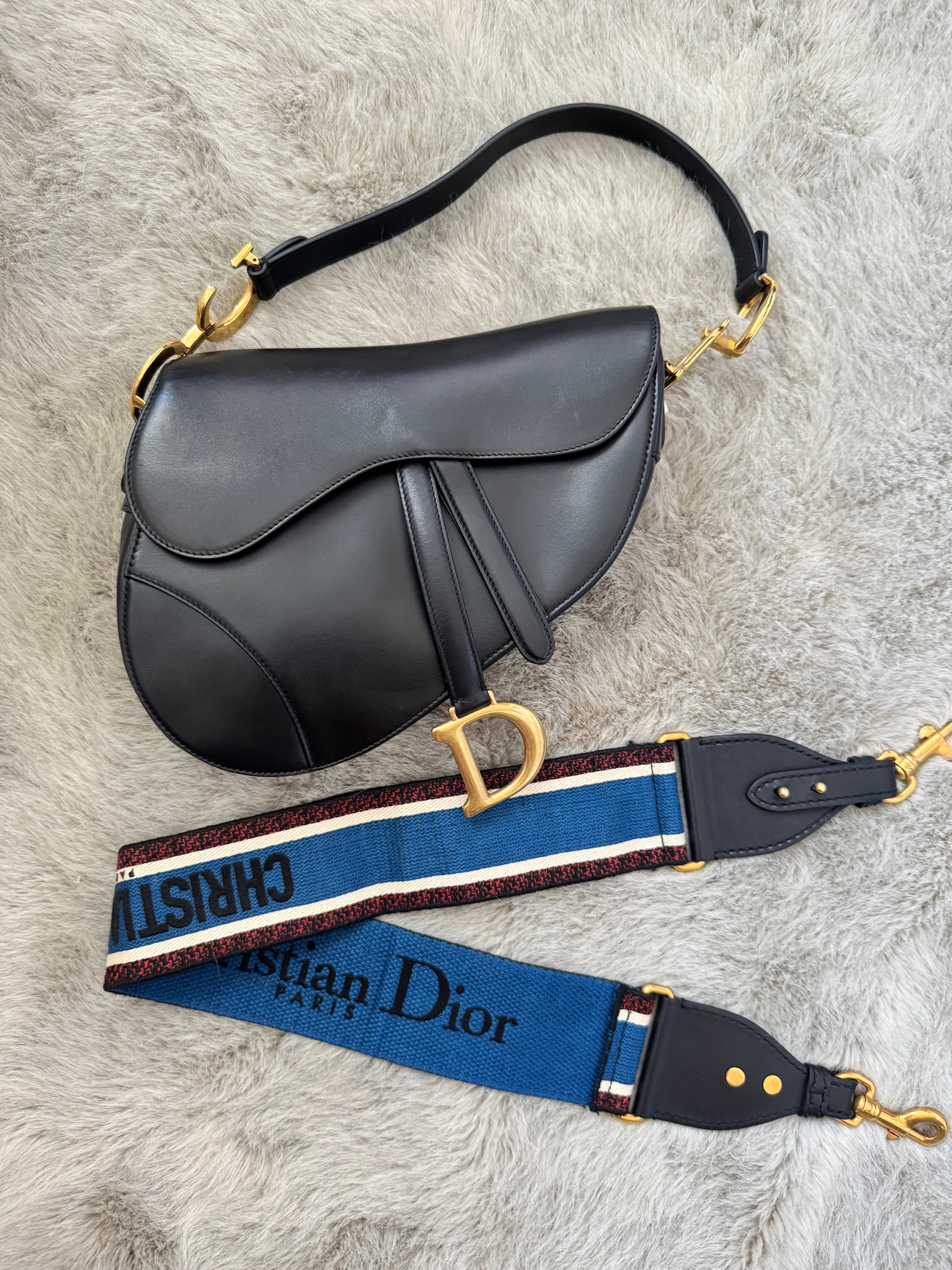 Saddle Shoulder Bag with Guitar Strap in Black Leather