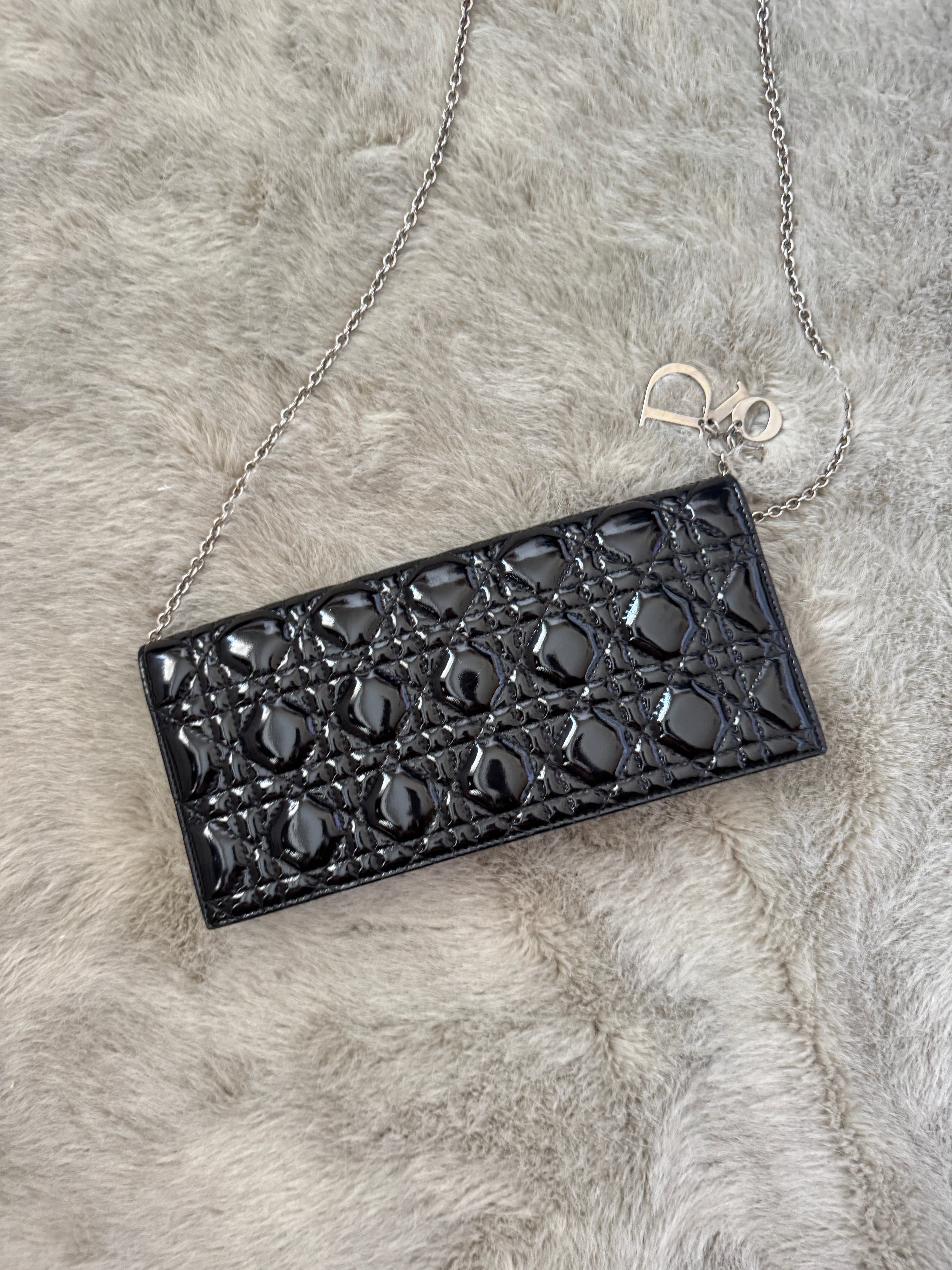 Lady Dior Shoulder Bag Clutch with Chain in Black Cannage Patent Leather