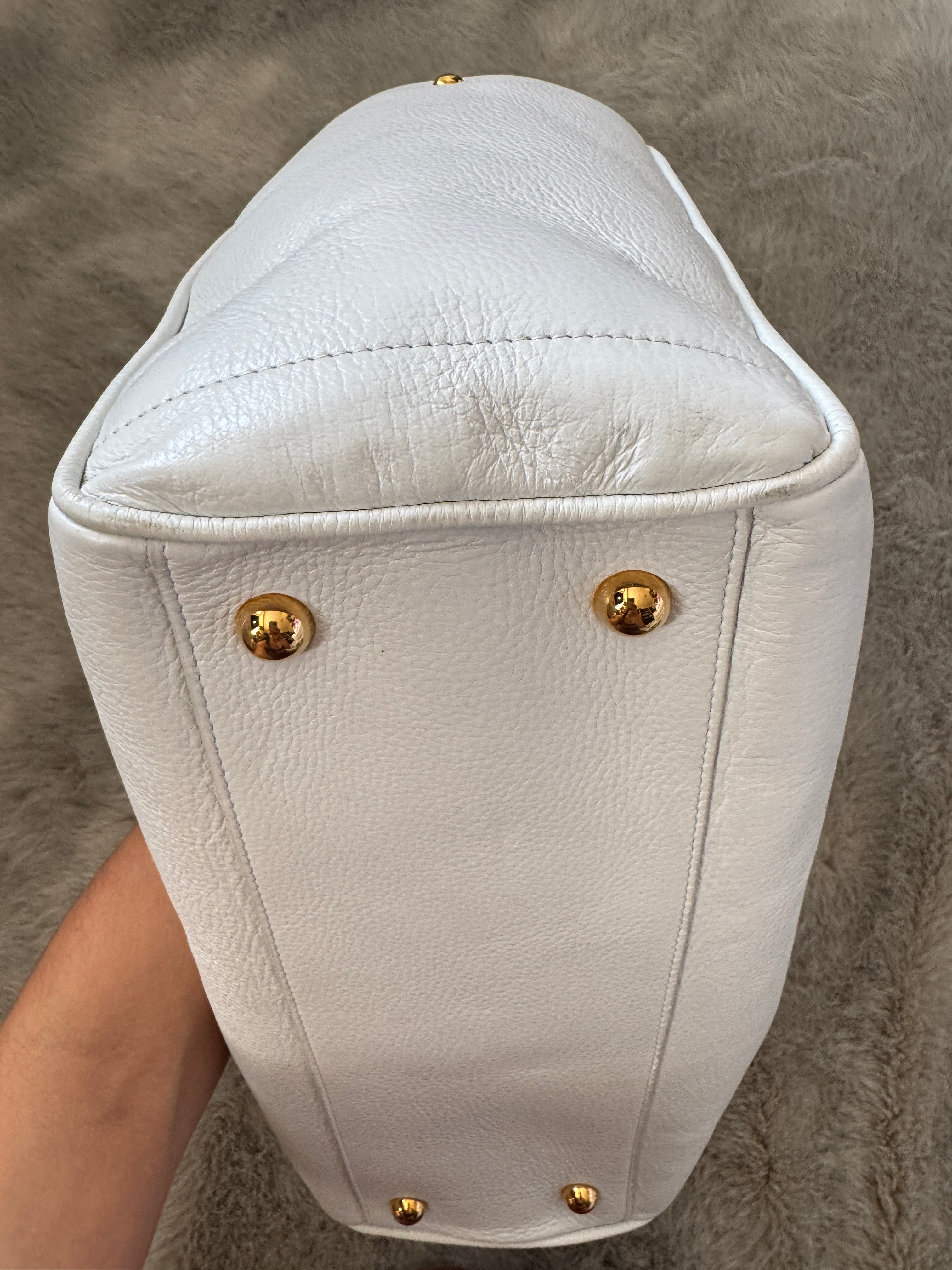 Logo East-West Shopping Tote Bag in White Leather