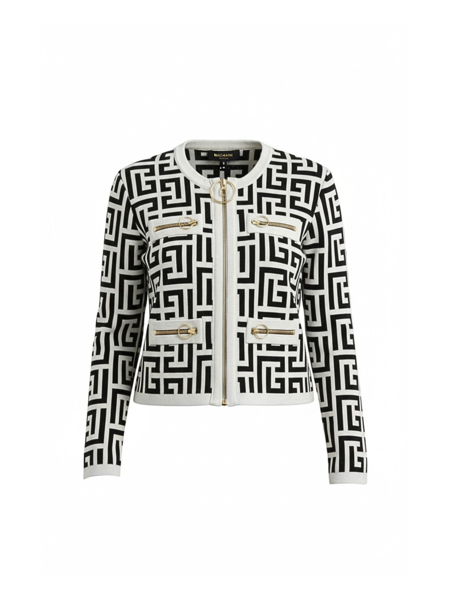 Size XL / FR 42 Zip-Up Monogram Jacket in Black and Taupe Stretch Logo Knit