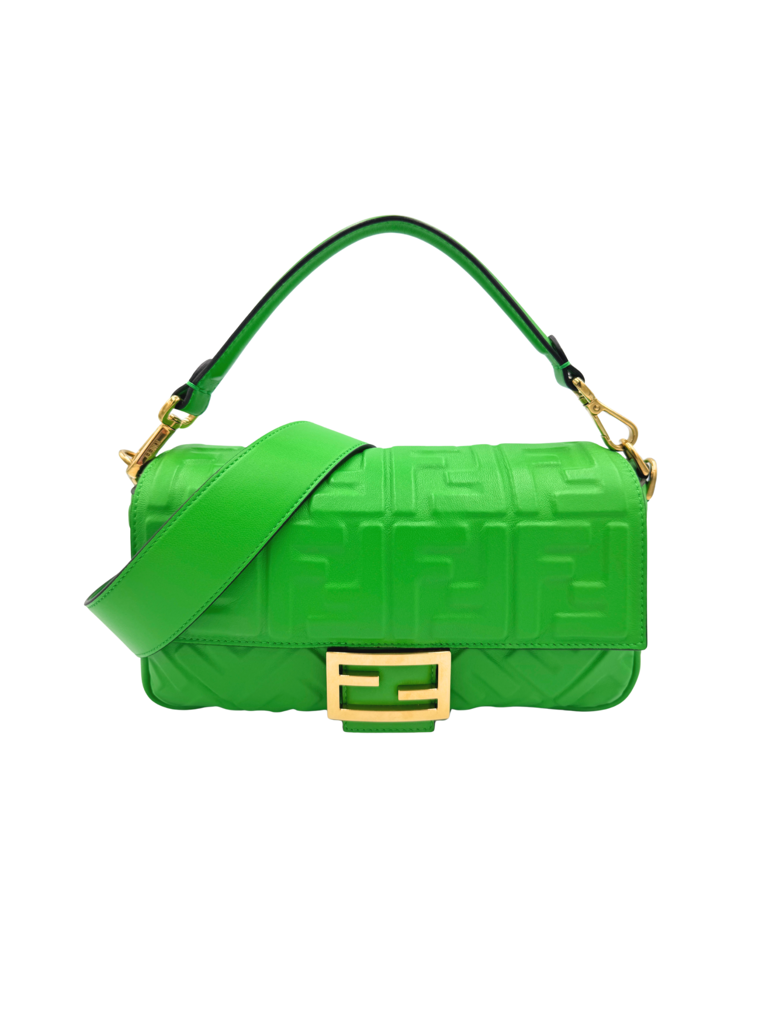 FF Baguette Shoulder Bag with Top Handle in Green Leather