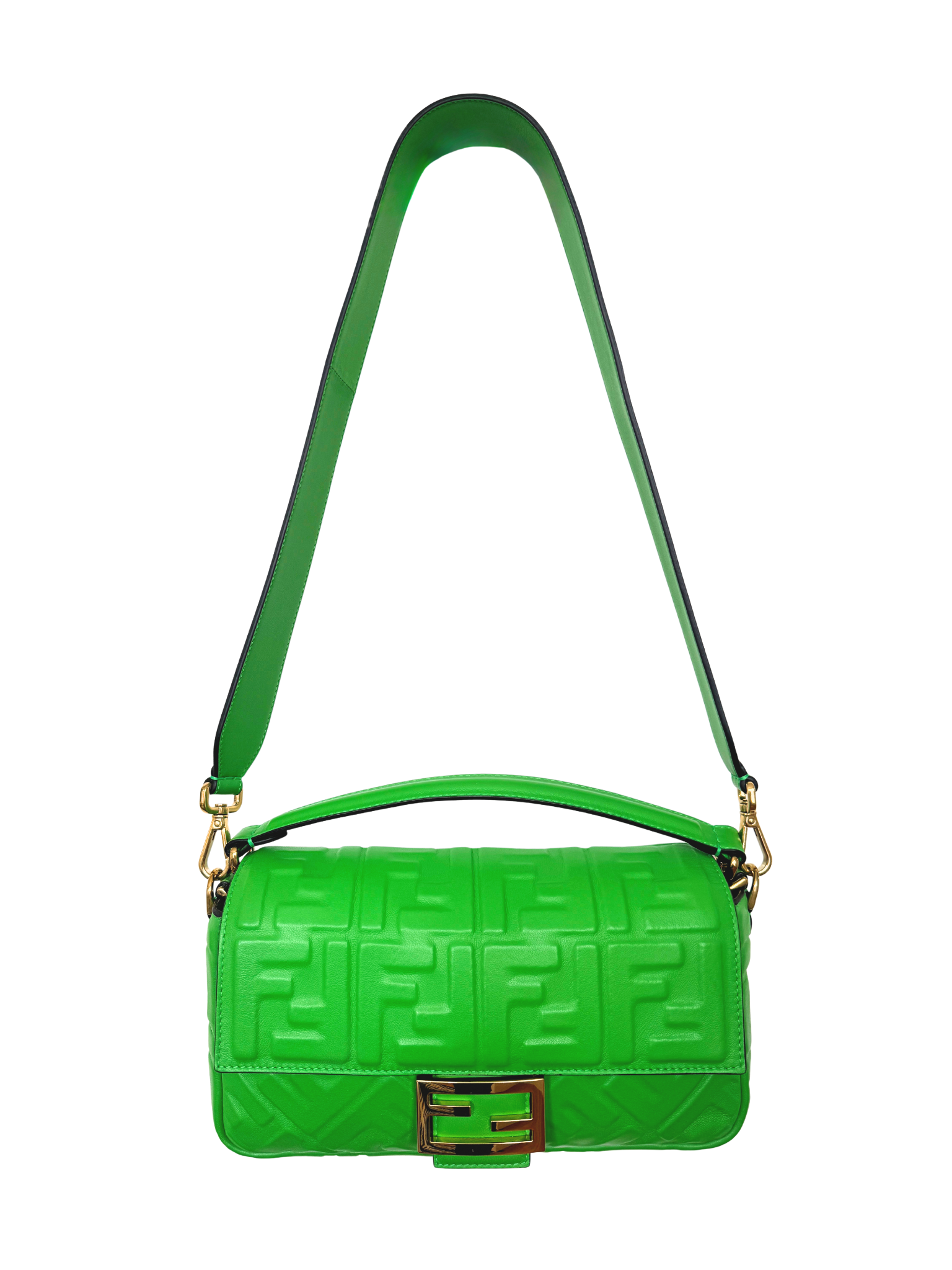FF Baguette Shoulder Bag with Top Handle in Green Leather