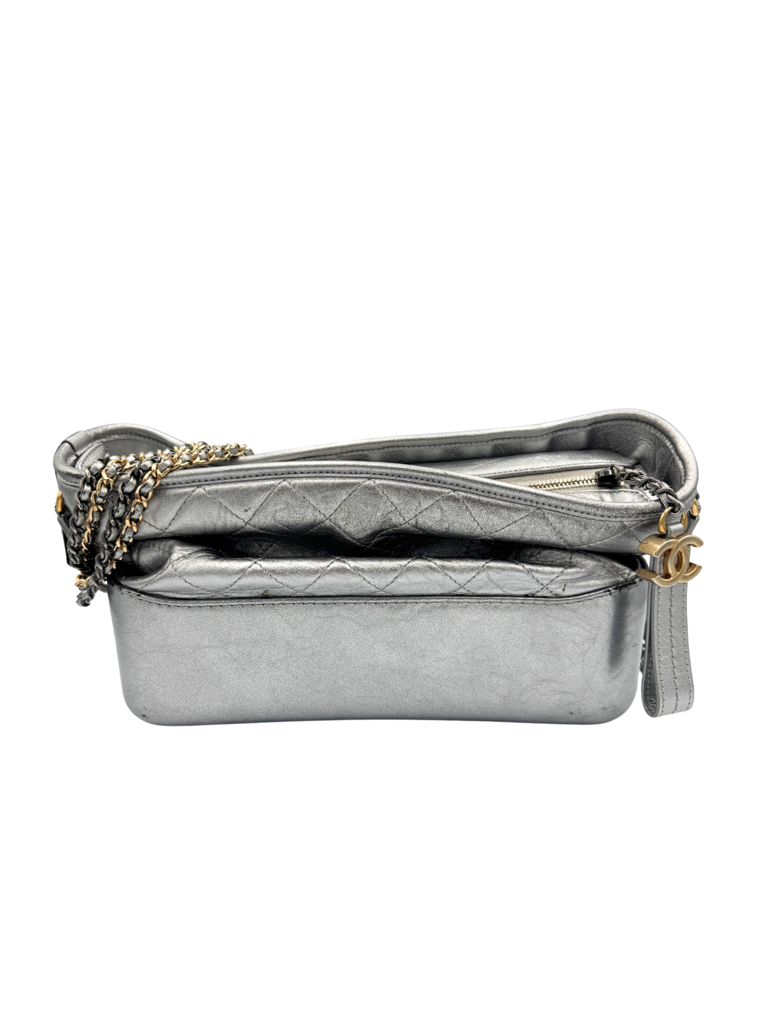 Medium Gabrielle Hobo Shoulder Bag in Aged Silver Calfskin Leather