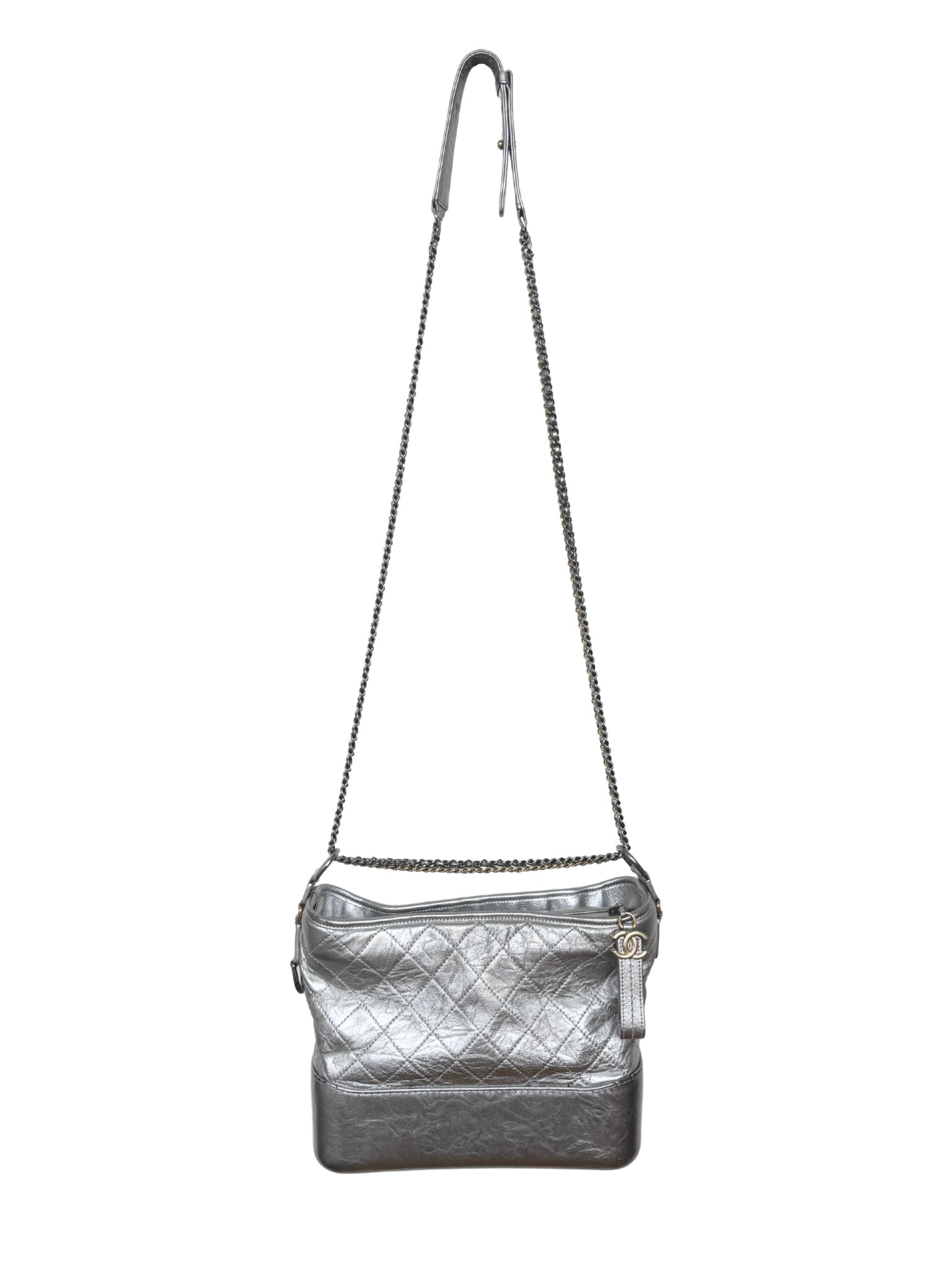 Medium Gabrielle Hobo Shoulder Bag in Aged Silver Calfskin Leather