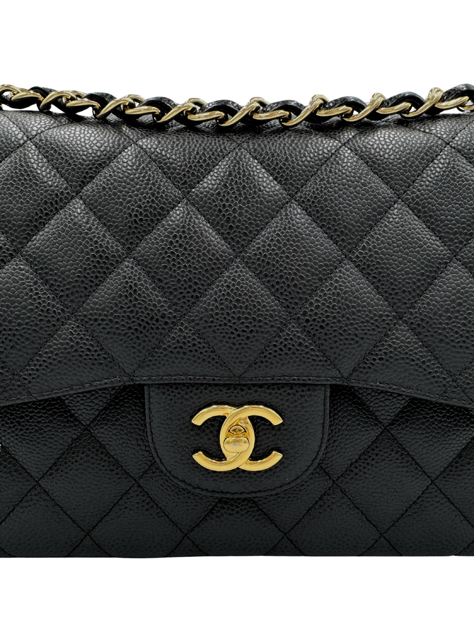 Quilted Jumbo Classic Double Flap Shoulder Bag in Black Caviar Leather