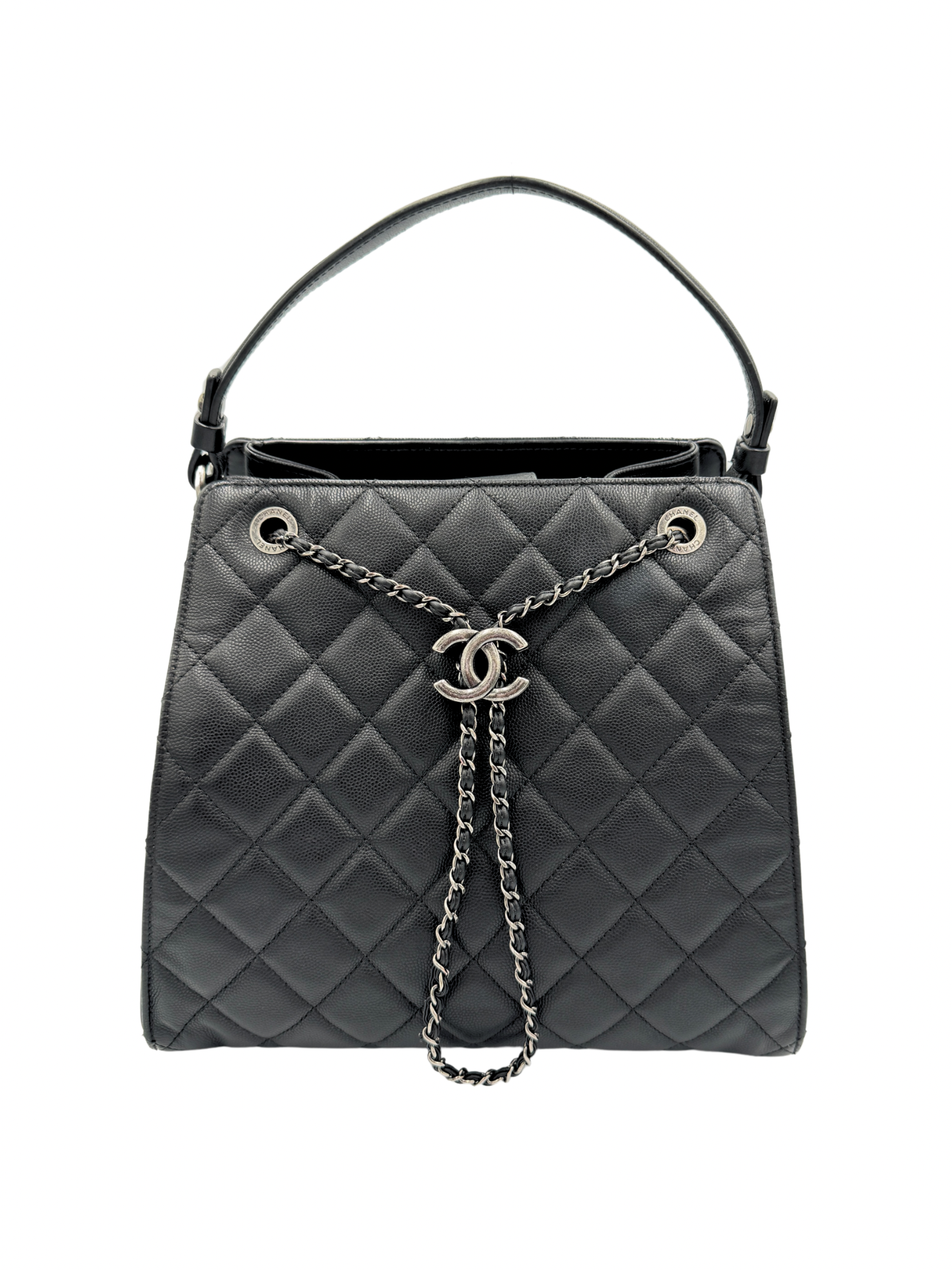 Medium Accordion Top Handle CC Bucket Bag in Black Caviar Leather