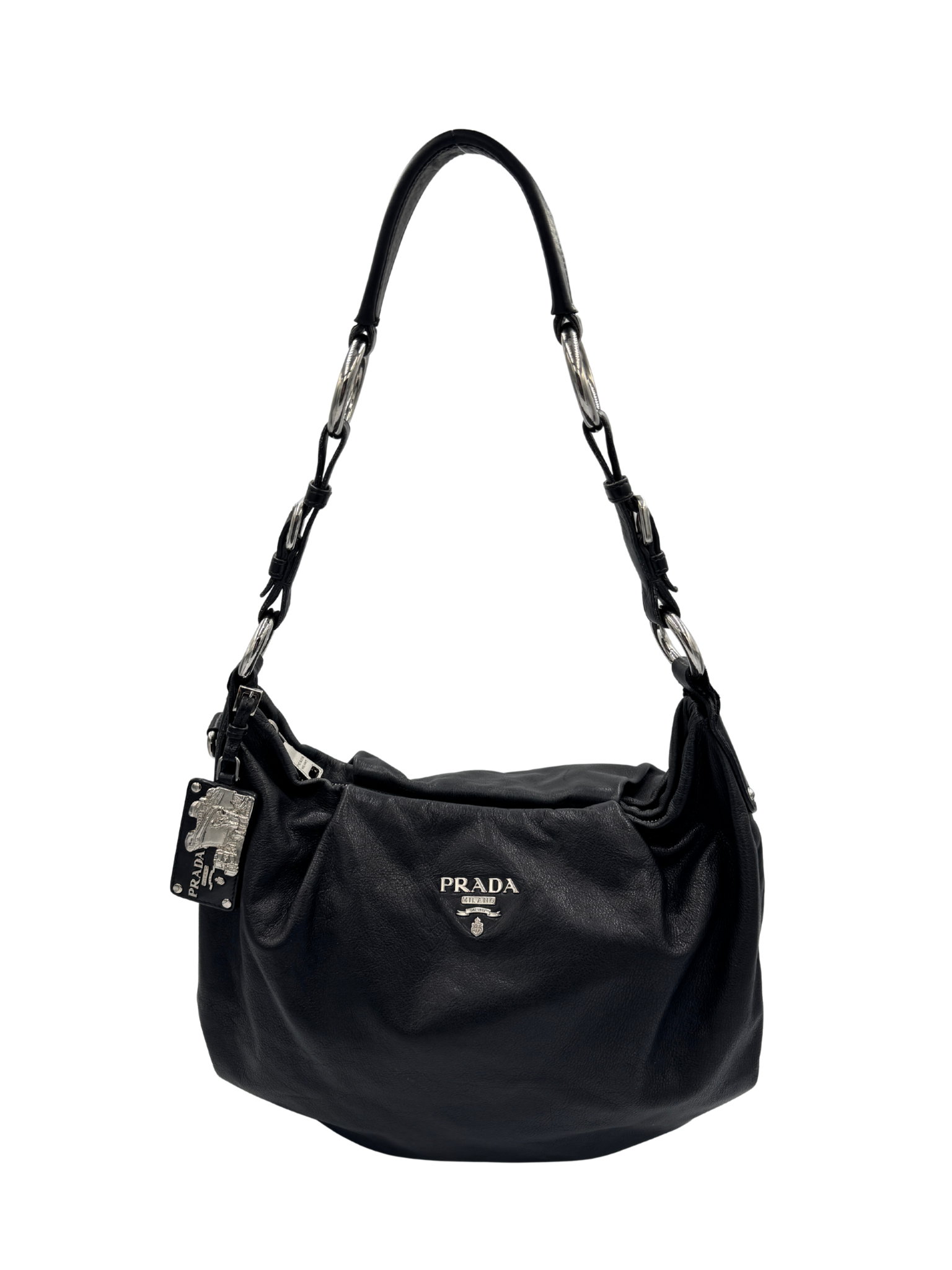 Hobo Shoulder Bag w/ Detachable Bag Charm in Black Aged Leather