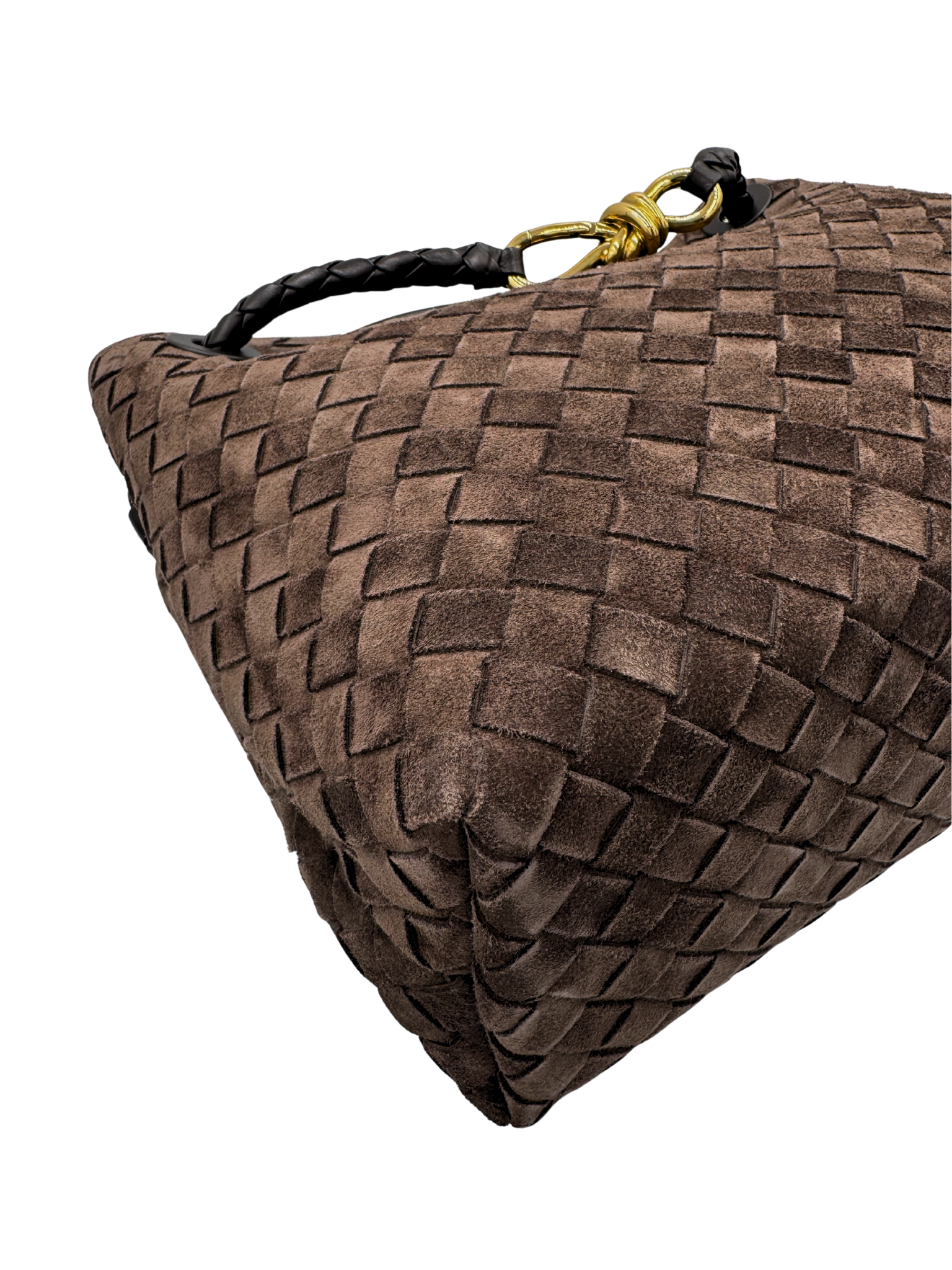 Medium Andiamo Shoulder Bag with Top Handle in Fondant Brown Intrecciato Suede