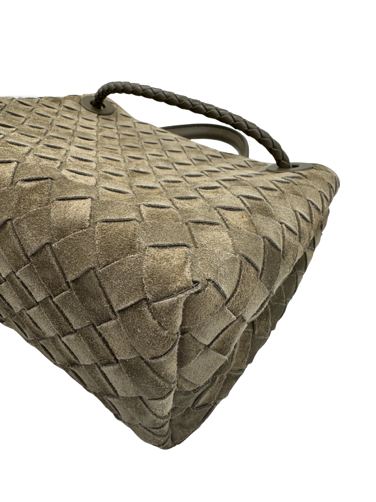 Small Andiamo Top Handle Shoulder Bag in Cypress Green Intrecciato Suede