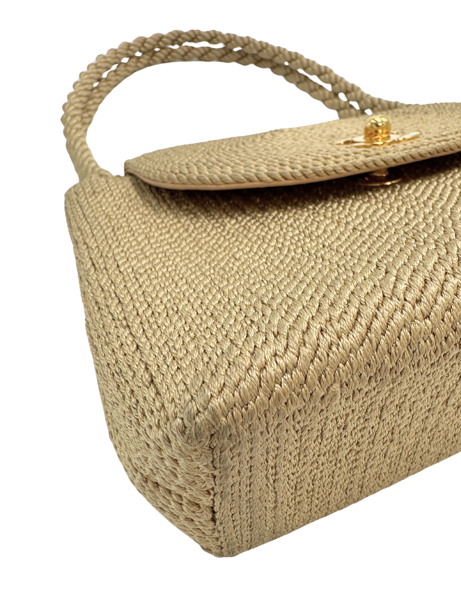 Vintage Woven Single Flap Shoulder Bag with Rope Detail in Gold Satin