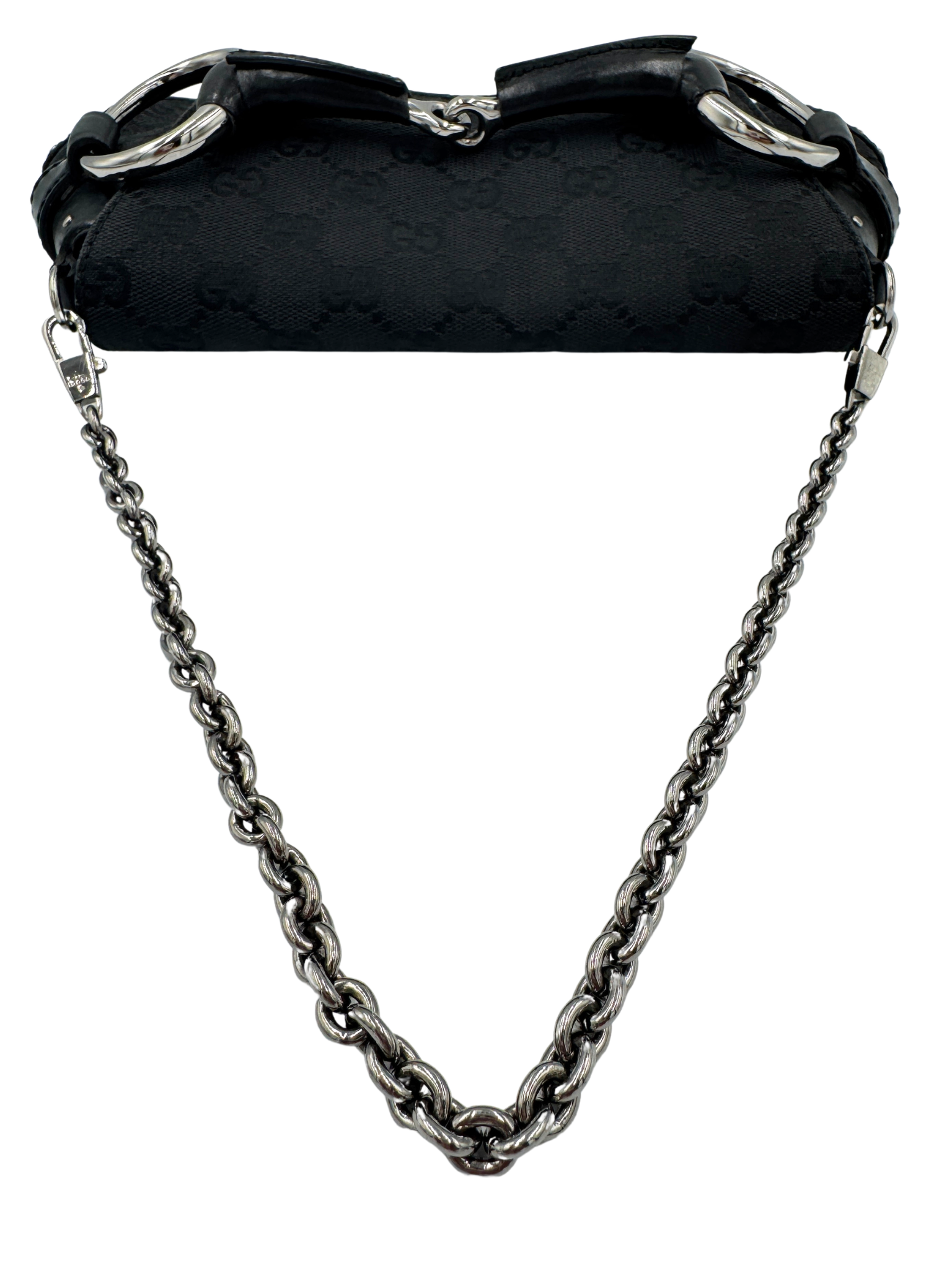 Vintage Tom Ford Era Studded Horsebit Shoulder Bag in Black Monogram GG Supreme Canvas