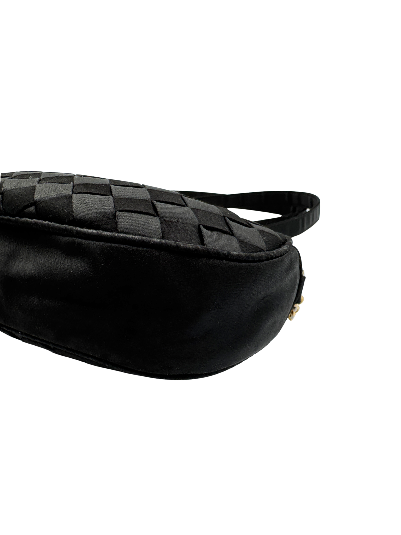 Vintage Camera Shoulder Bag in Black Intrecciato Woven Satin