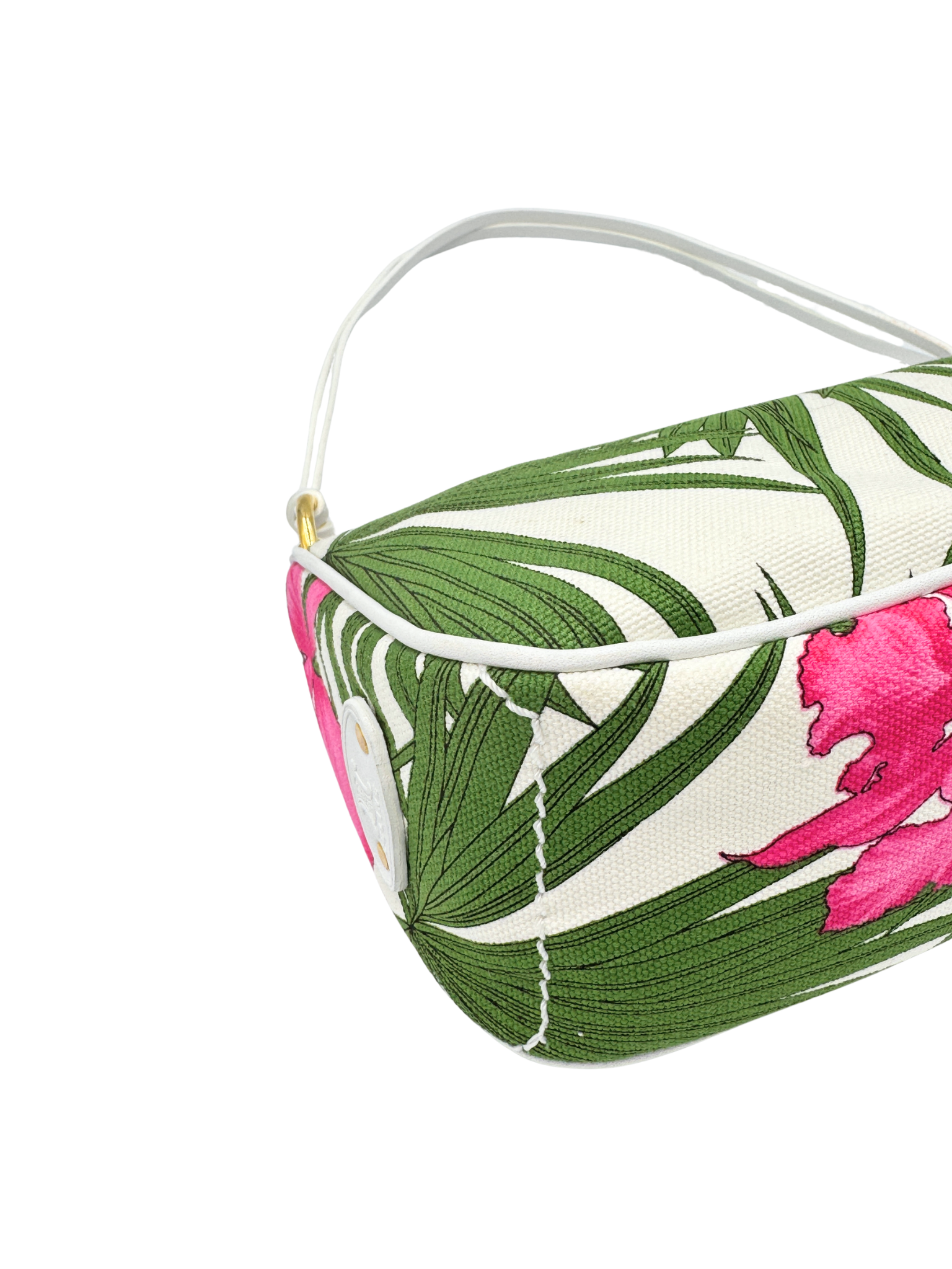 Triomphe Tropical Hibiscus Print Shoulder Bag Pochette in Pink and Green Canvas