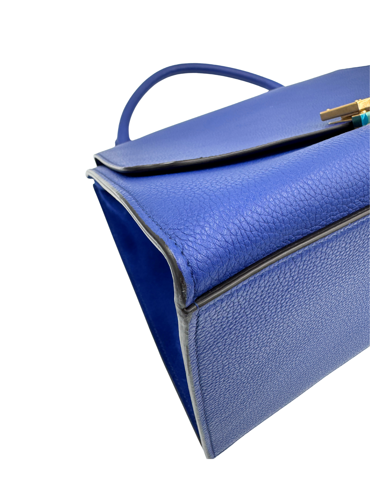 Medium Trapeze Shoulder Bag with Top Handle in Blue Calfskin Leather & Suede