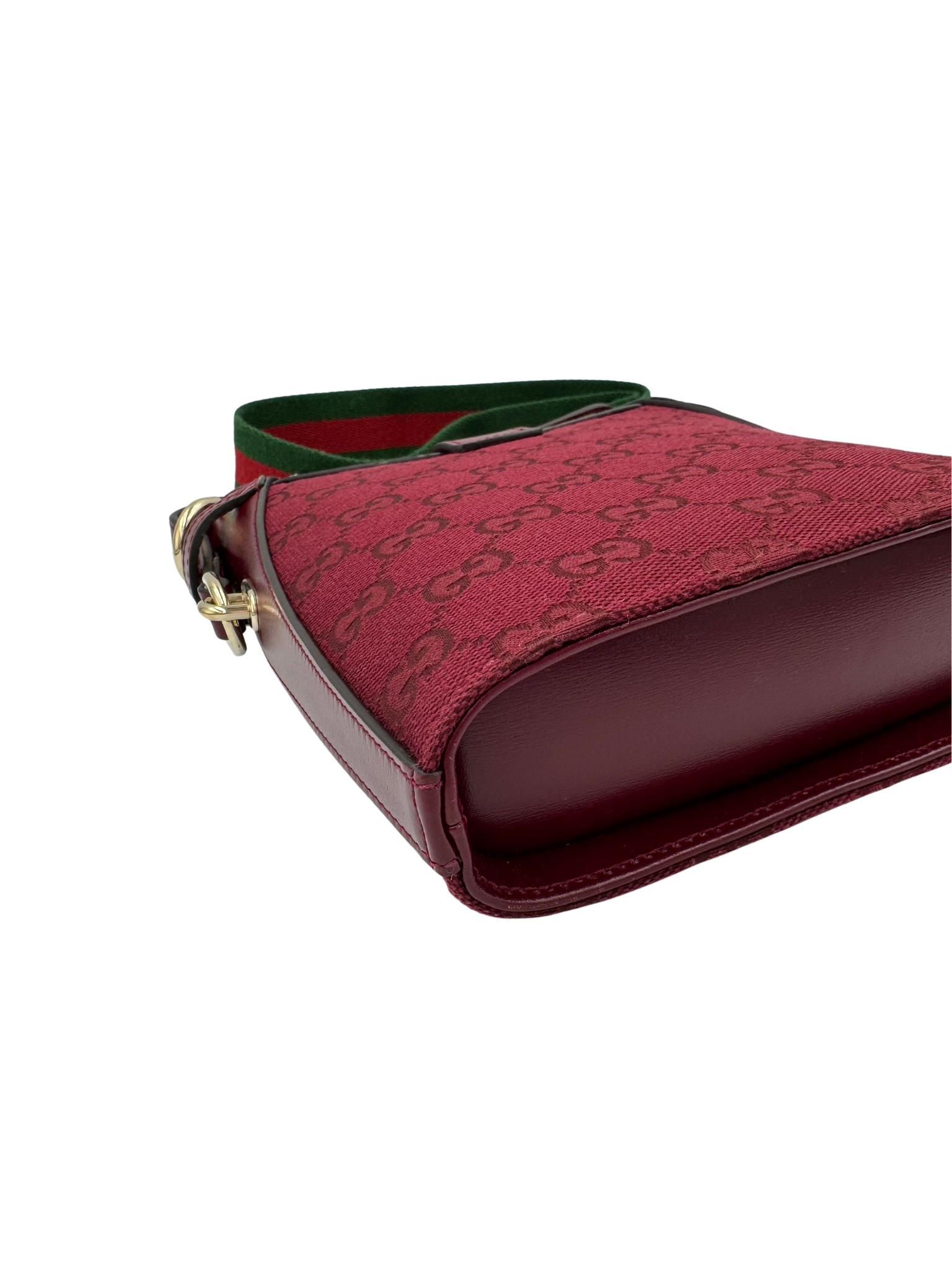 Logo Bucket Shoulder Bag with Gucci Web Strap in Burgundy Rosso Ancora Monogam GG Supreme Canvas