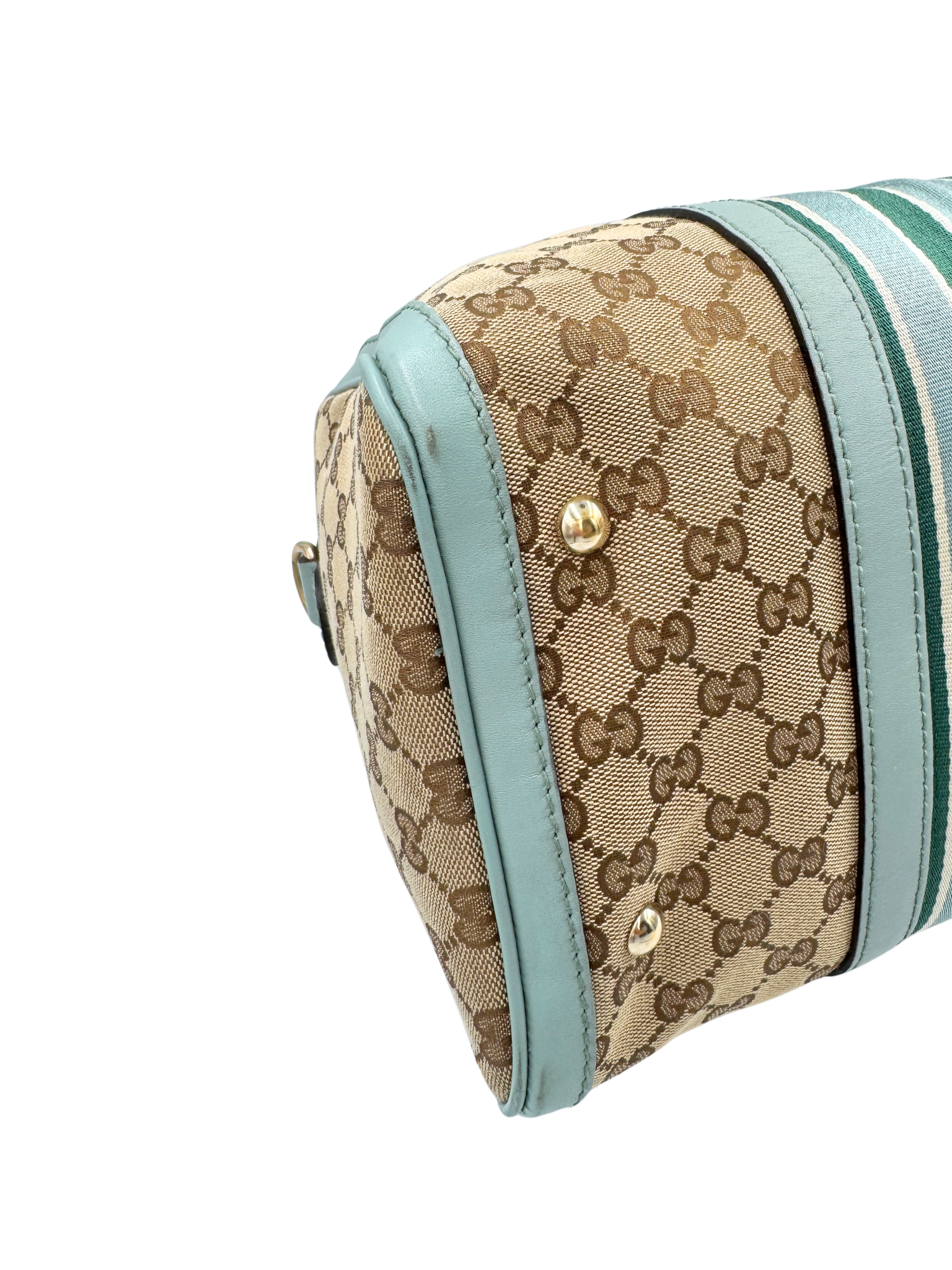 Striped GG Boston Bag with Top Handle in Brown and Tan Monogram GG Supreme Canvas with Blue and Green Accents