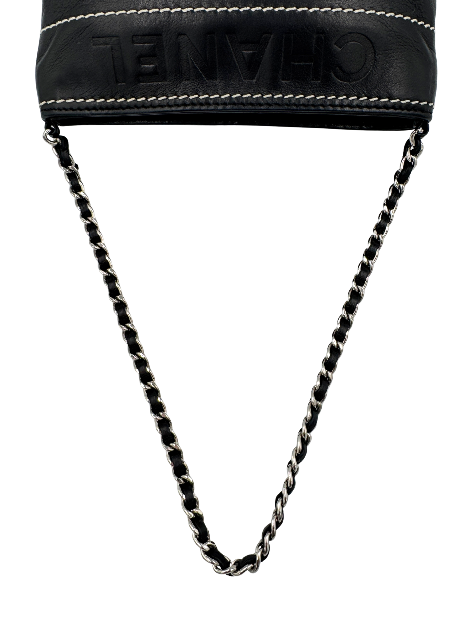 Logo Shoulder Bag Pochette in Black Lambskin Leather with Contrast Stitching