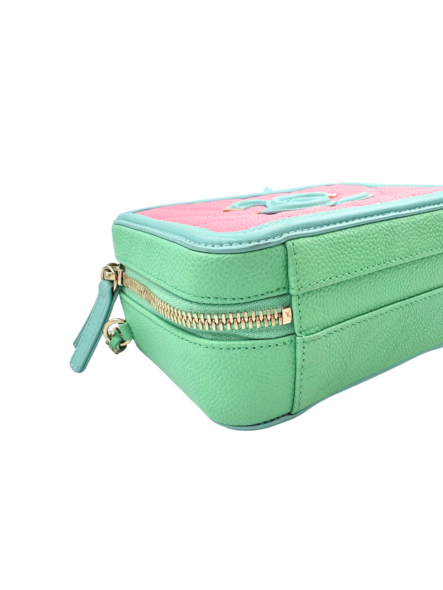 Small Tri-Color CC Classic Quilted Filigree Vanity Case Shoulder Bag in Pink/Green/Blue Caviar Leather