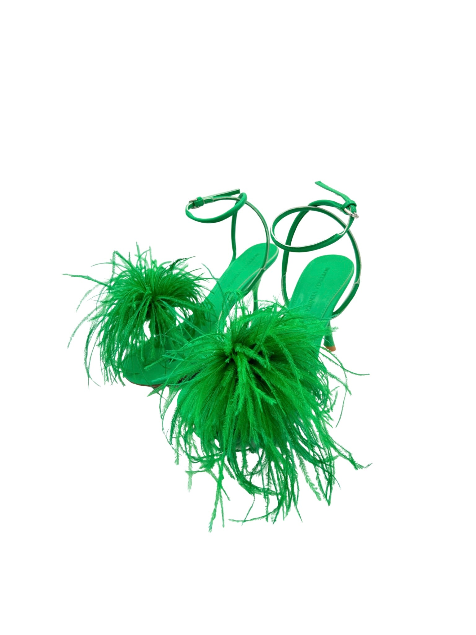 Size 40 Strappy Feather Pom Sandals in Green Smooth Leather