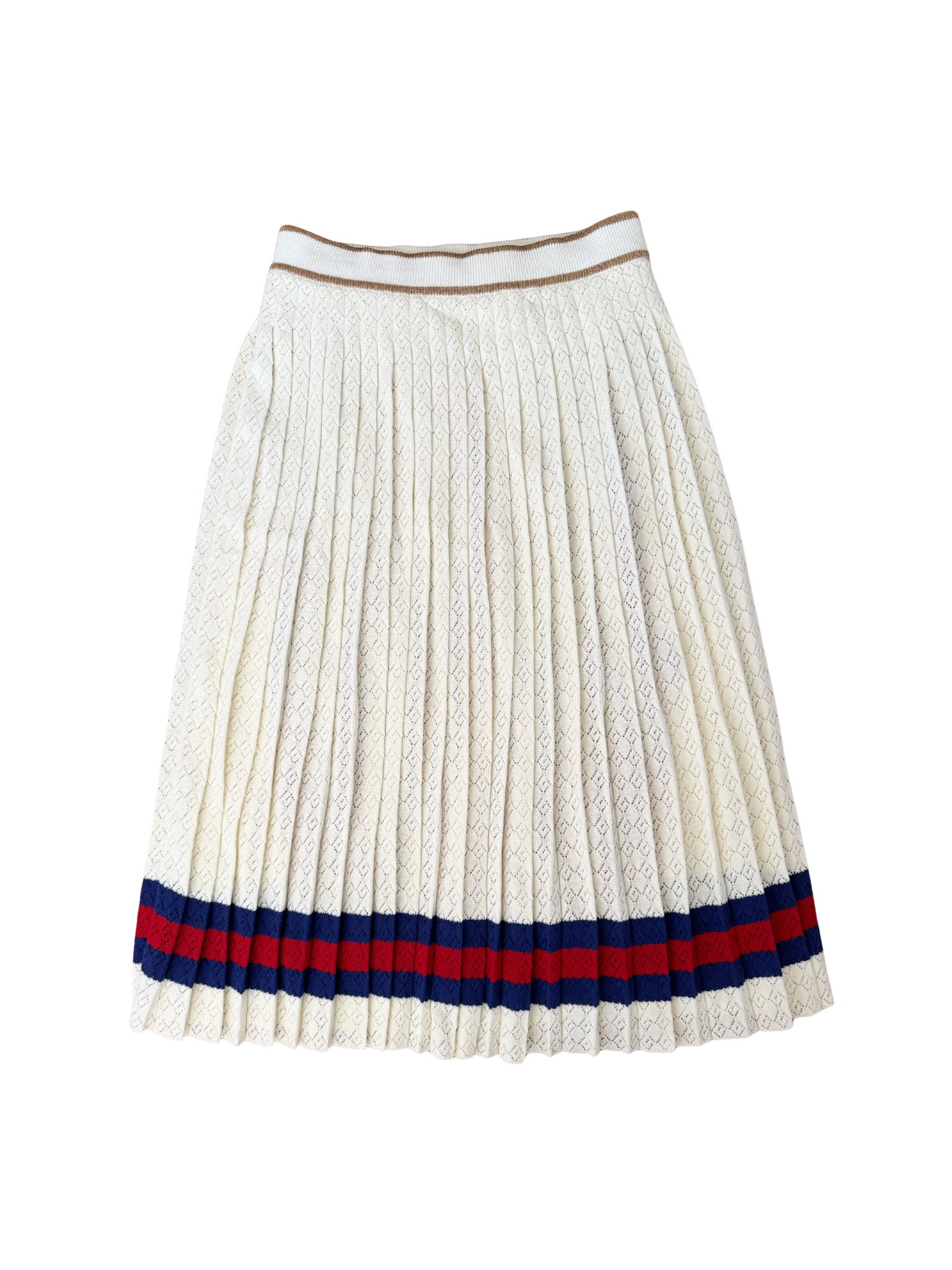 Size L GG Monogram Pleated Midi Skirt in Ivory Knit with Gucci Web Trim