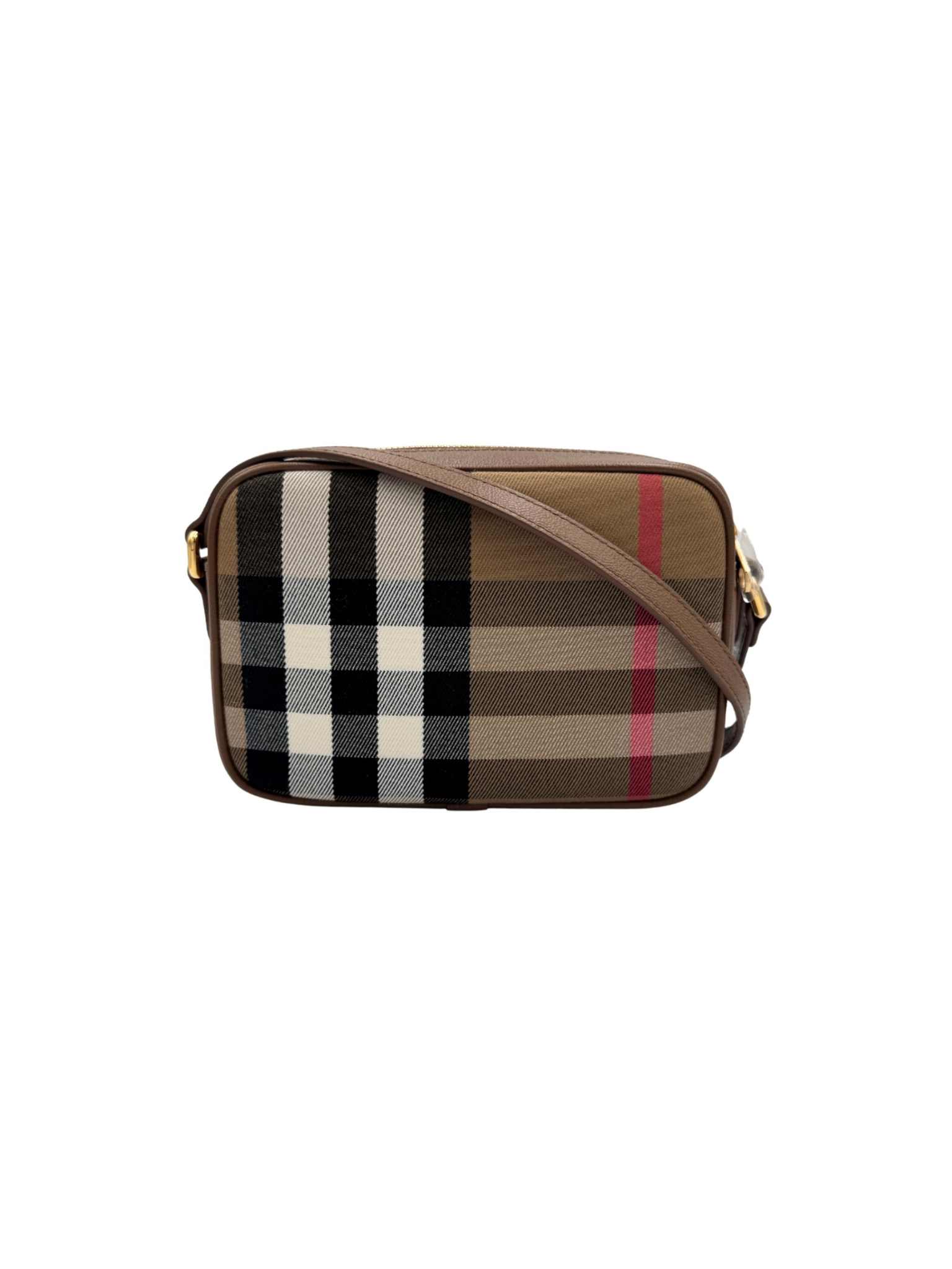 Crossbody Camera Bag in House Check Canvas & Tan Leather